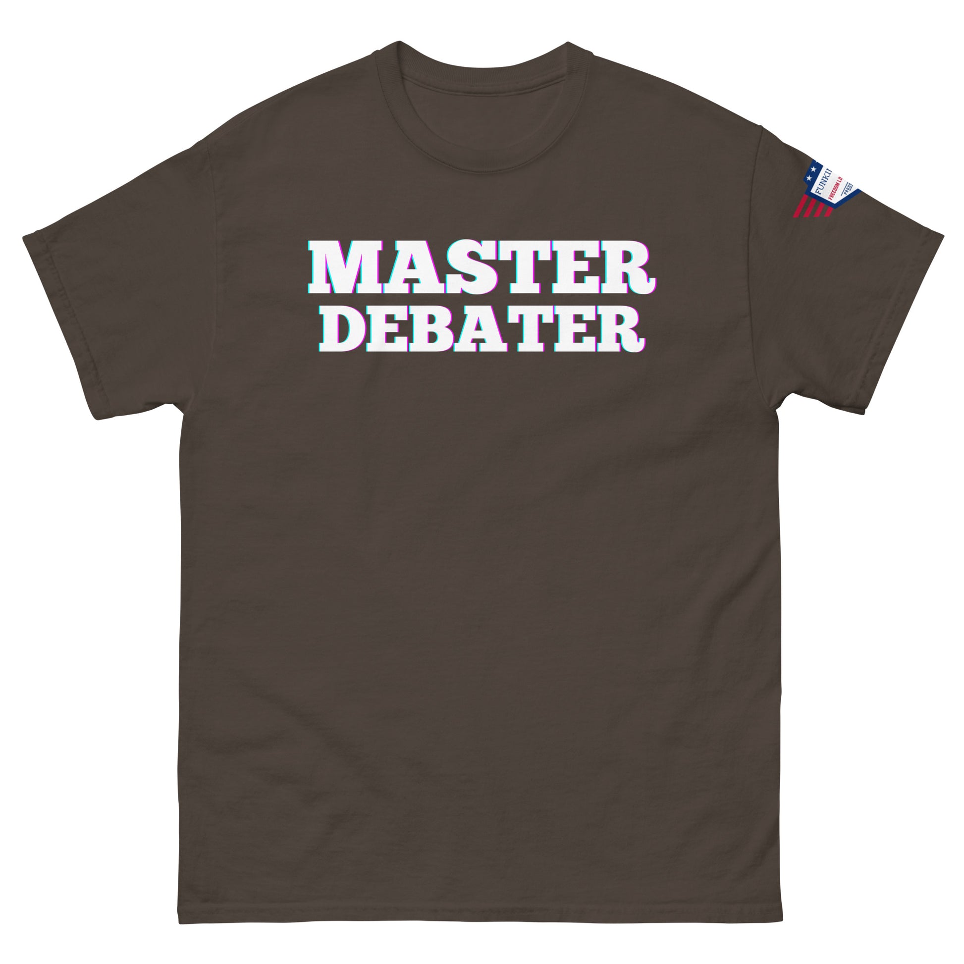 Front view of dark brown unisex tee displaying "MASTER DEBATER" white glow letters and sleeve flag
