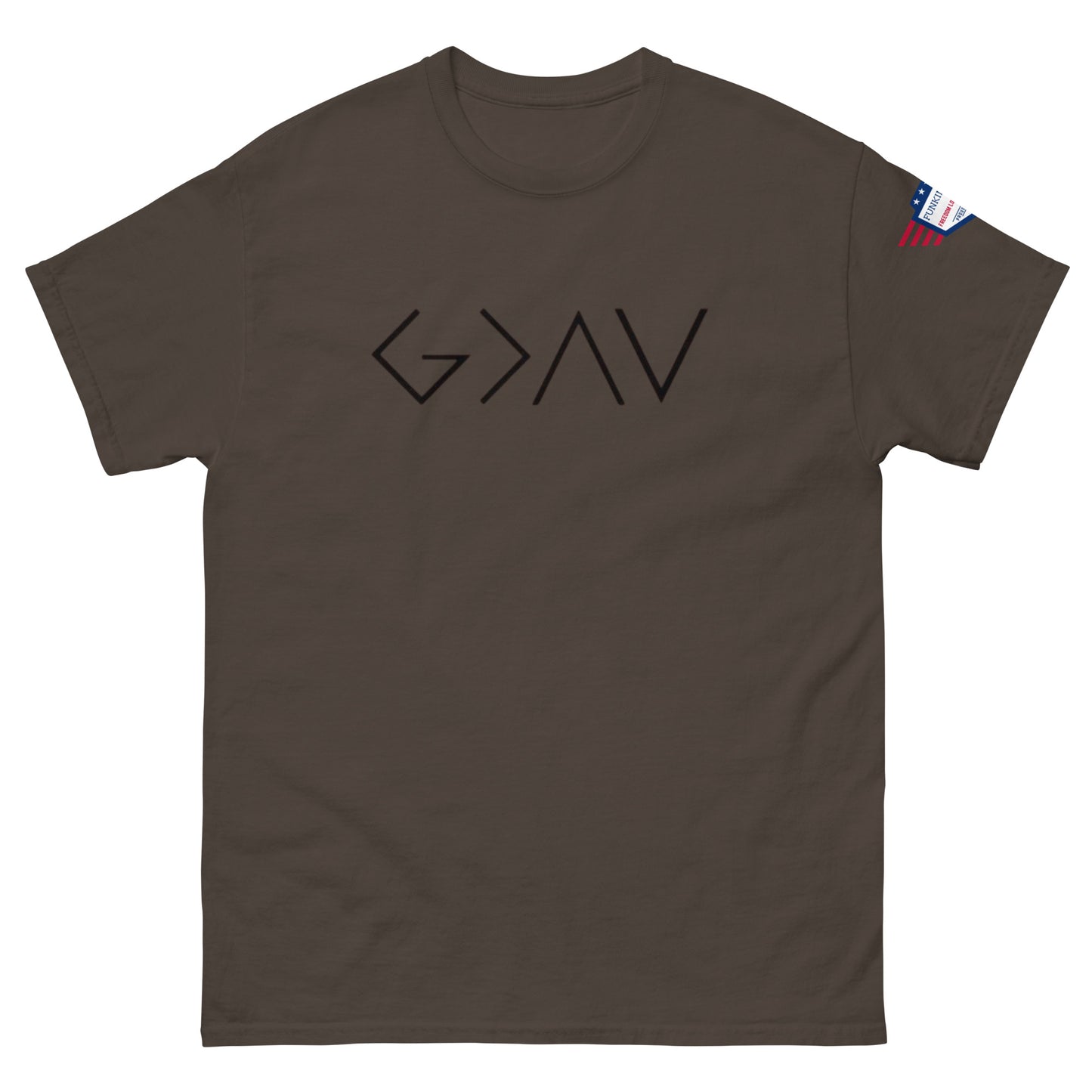 Front view of brown unisex t-shirt with bold black "God > All" print and US flag sleeve patch