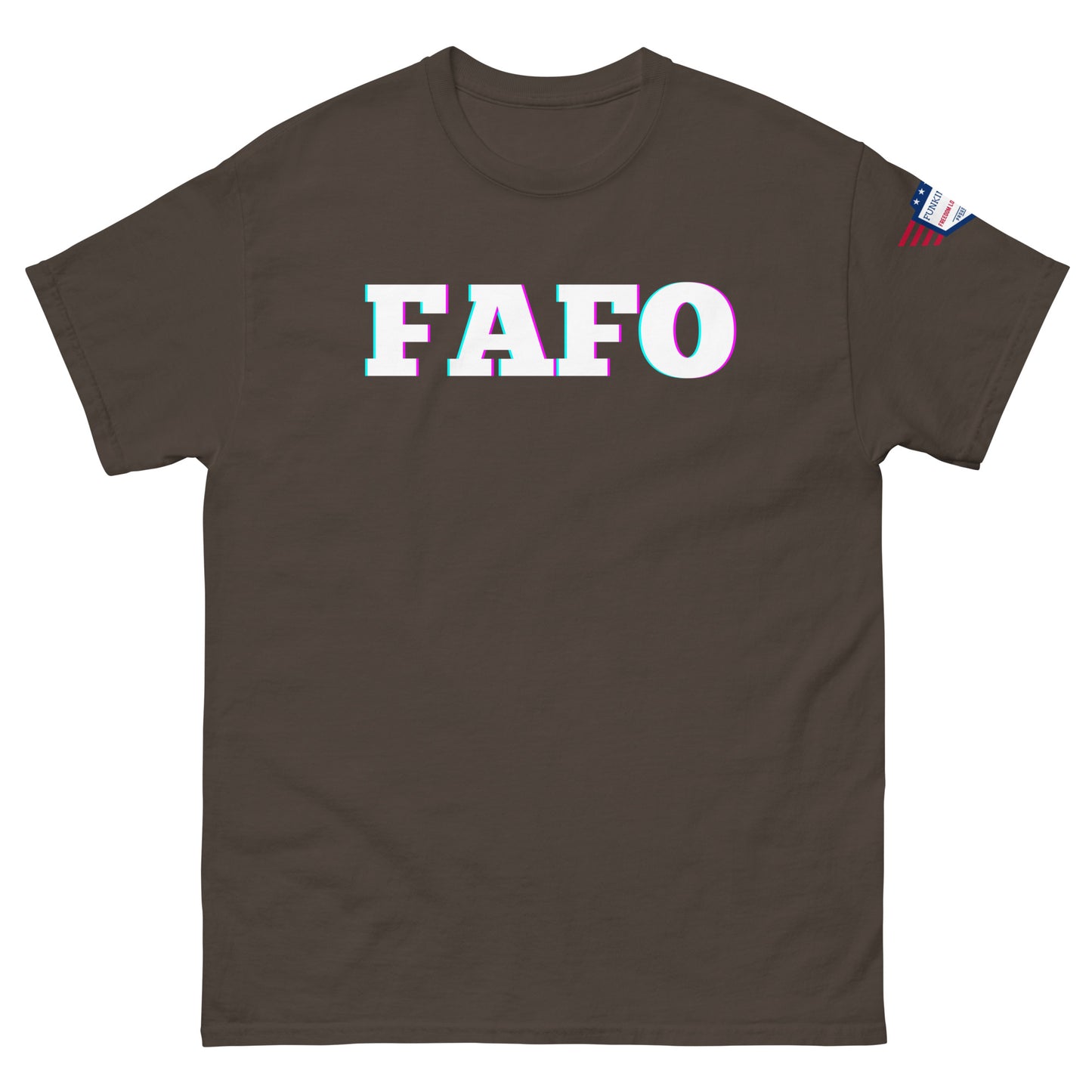 Front view of dark brown unisex t-shirt featuring bold glitch "FAFO" print and small US flag on sleeve