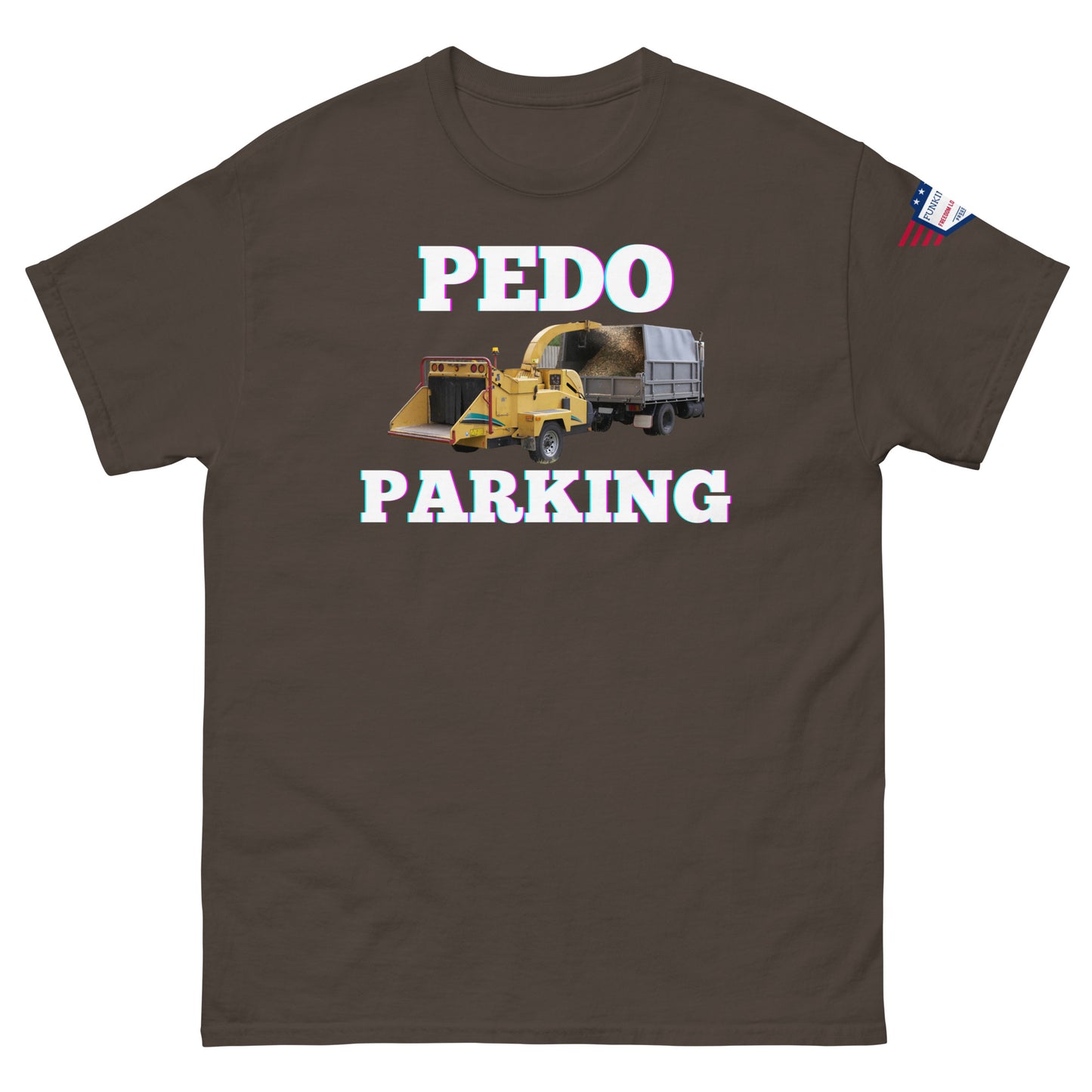 Front view of brown tee with "PEDODO PARKING" meme loader and American flag patch