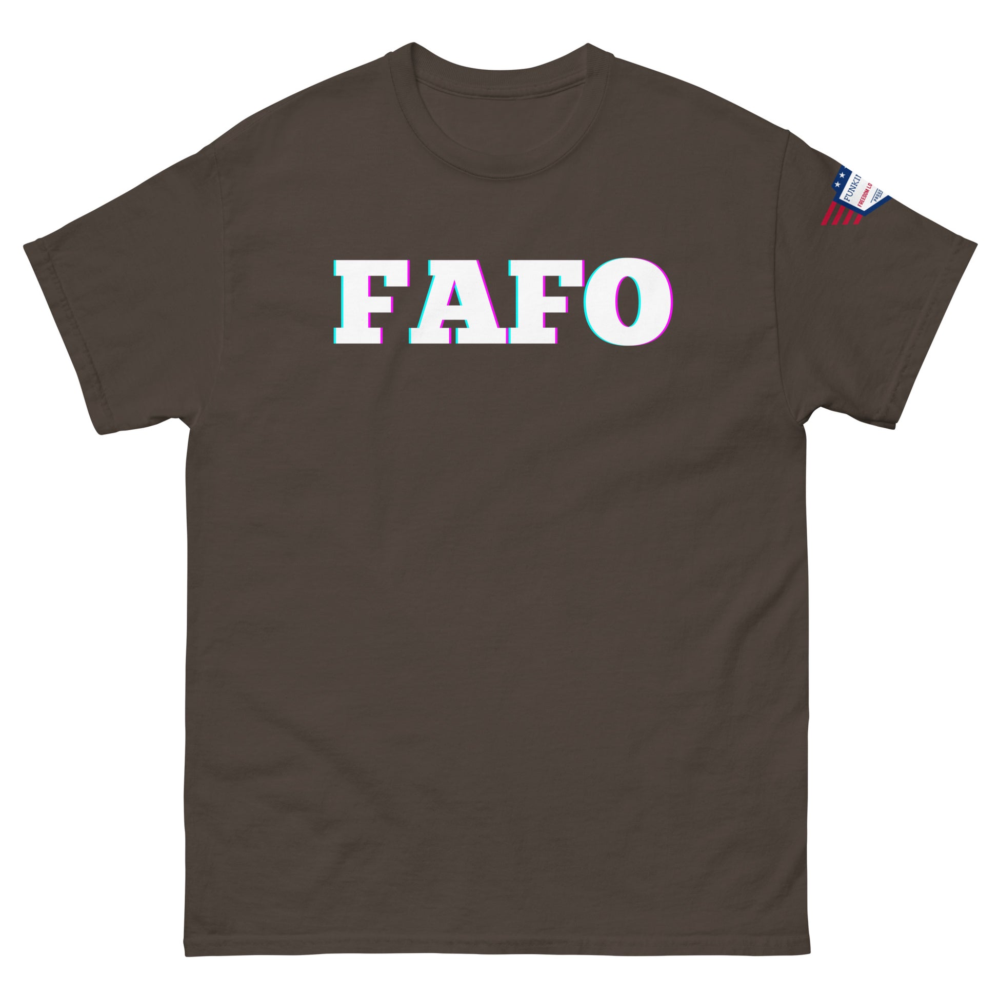 Front view of dark brown unisex t-shirt with "FAFO" in white/cyan/magenta glitch style and flag detail