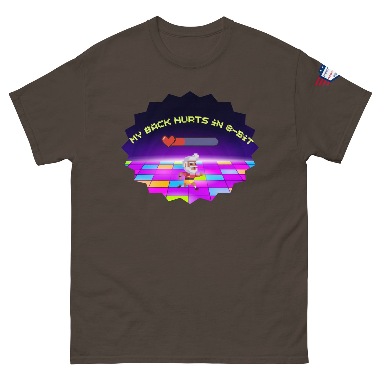 Front view of brown unisex tee with bold "My Back Hurts 98%" 80s chef dancing print, USA flag sleeve patch