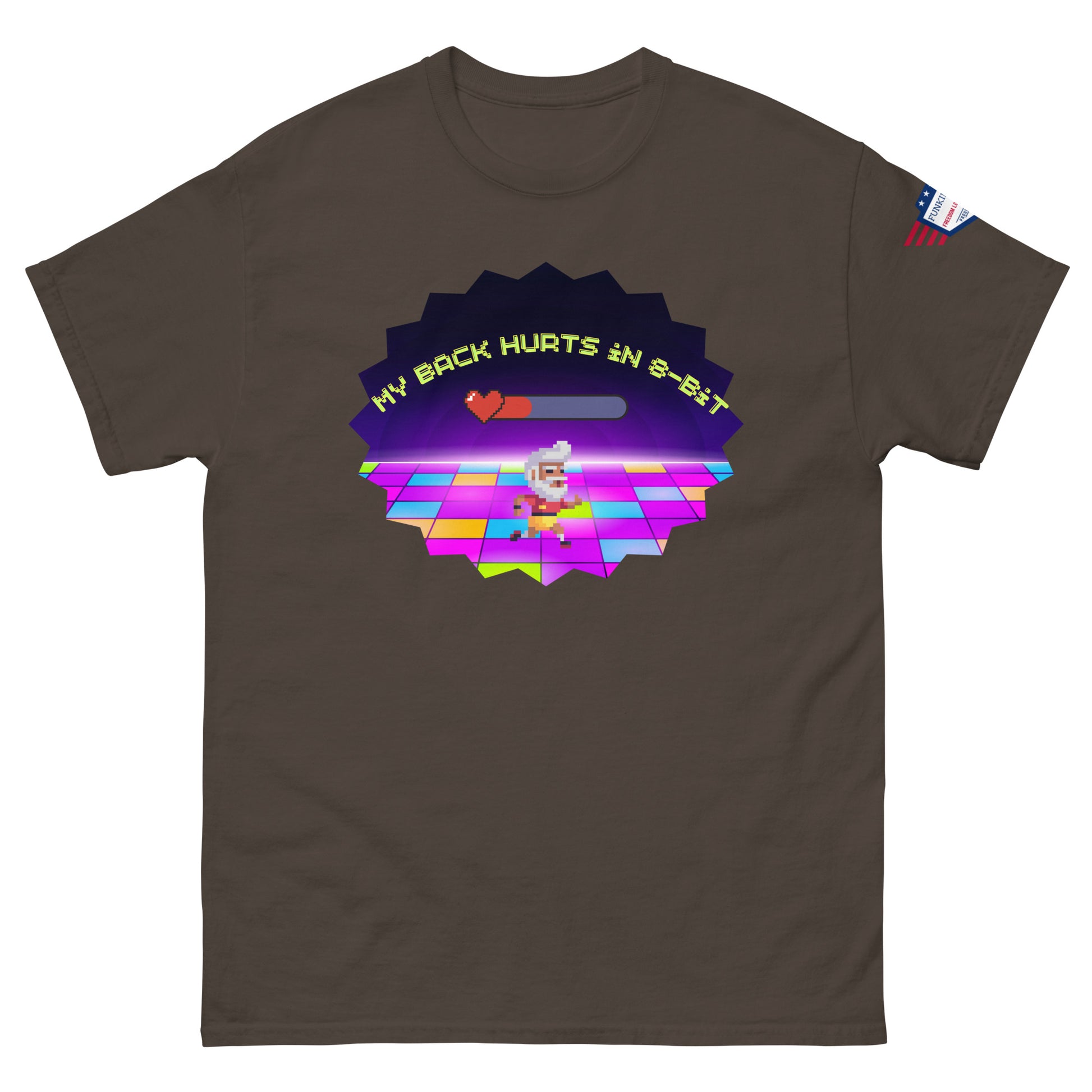 Front view of brown unisex tee with bold "My Back Hurts 98%" 80s chef dancing print, USA flag sleeve patch
