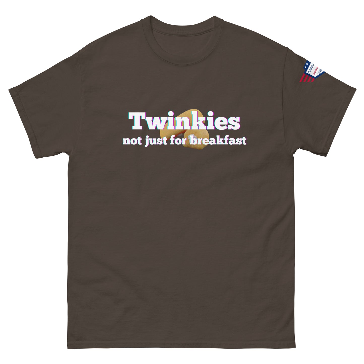 Front view of dark brown unisex tee with rainbow "Twinkies" over Twinkie graphic and white "not just for breakfast" text, flag sleeve patch