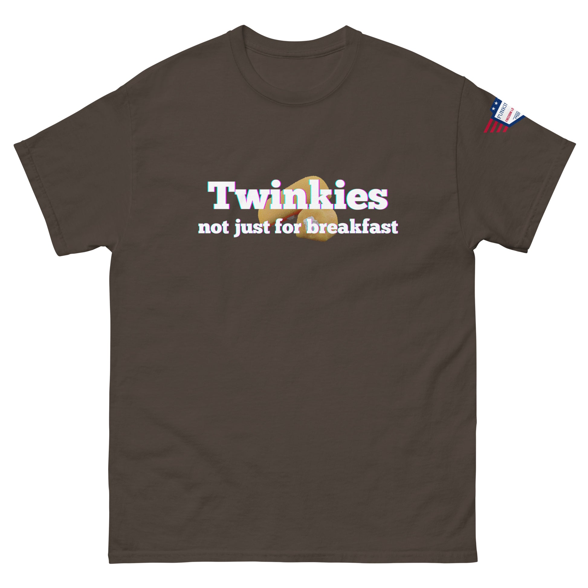 Front view of dark brown unisex tee with rainbow "Twinkies" over Twinkie graphic and white "not just for breakfast" text, flag sleeve patch