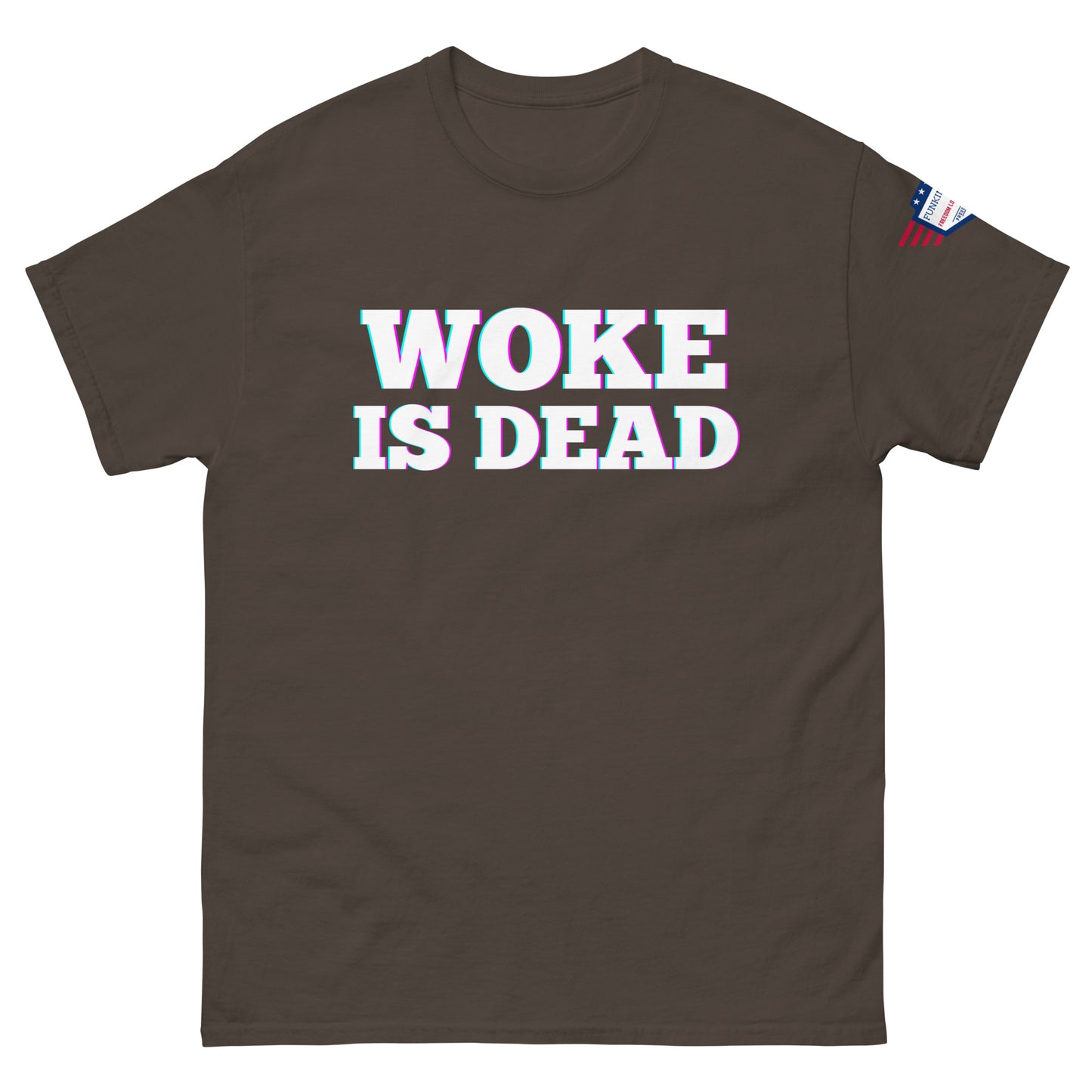 Front view of dark brown unisex tee sporting glitch white "WOKE IS DEAD" text and US flag detail