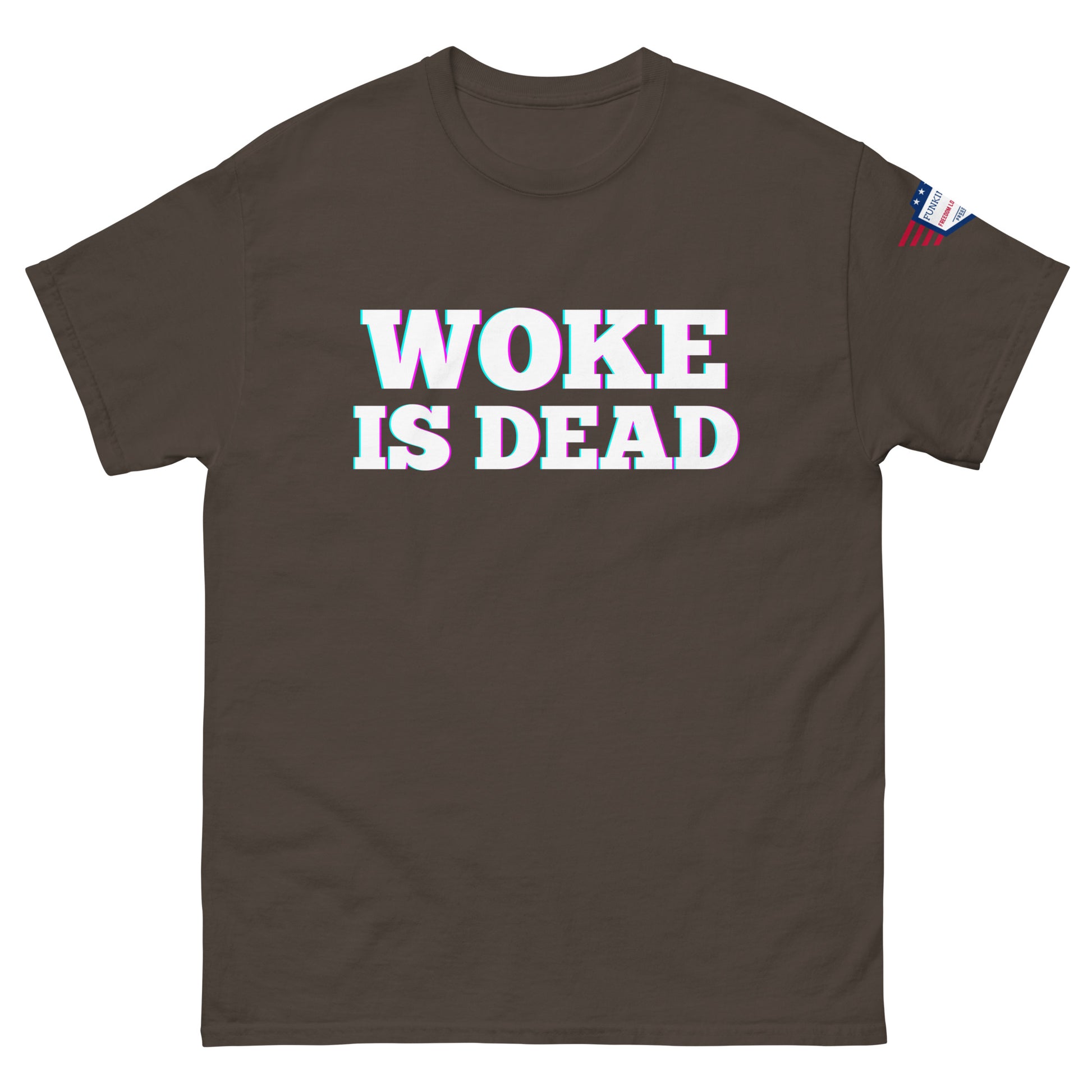 Front view of dark brown unisex tee sporting glitch white "WOKE IS DEAD" text and US flag detail