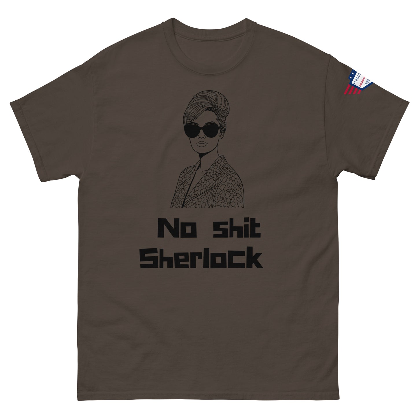Front view of olive brown unisex tee with glamorous sketch and "No shit Sherlock" print
