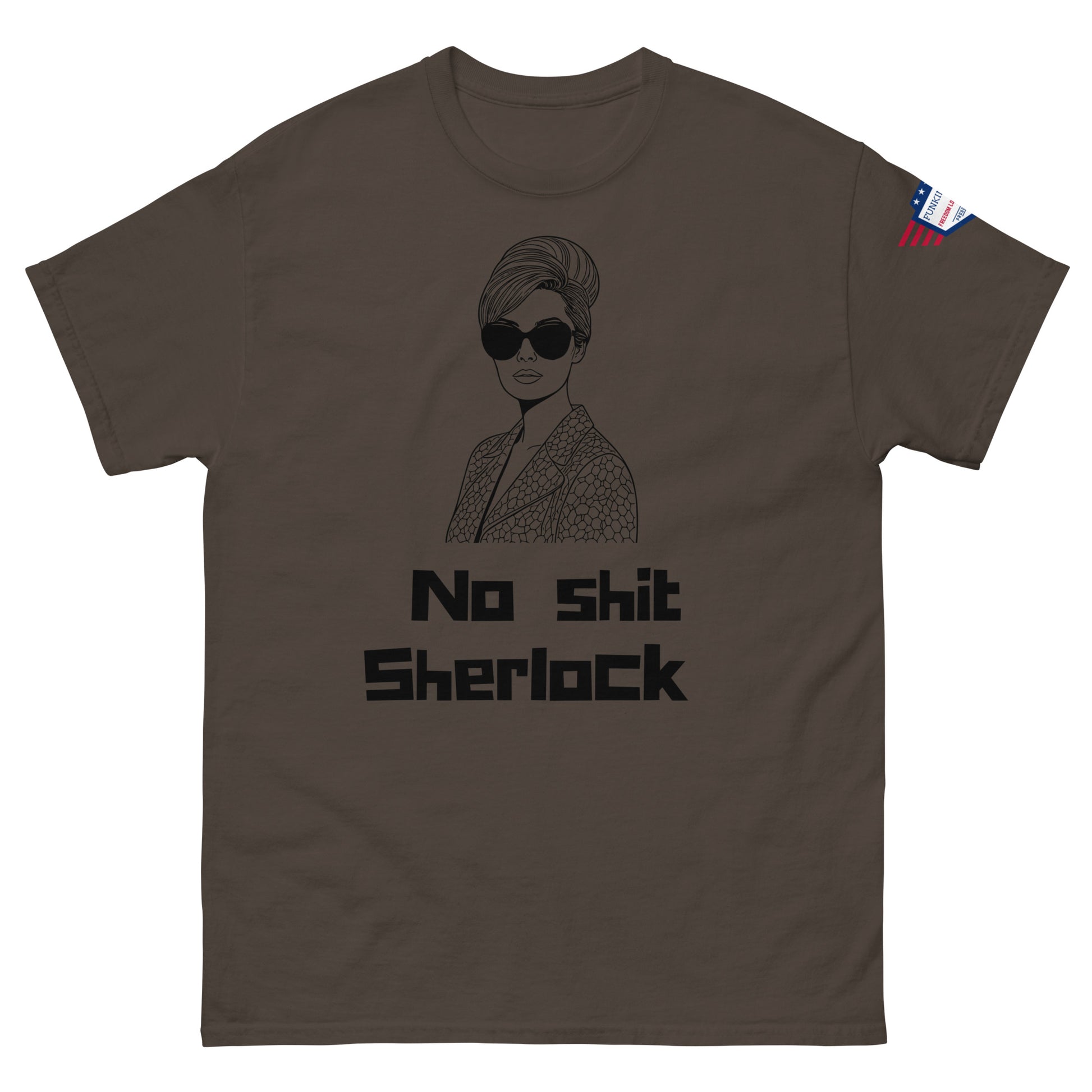 Front view of olive brown unisex tee with glamorous sketch and "No shit Sherlock" print