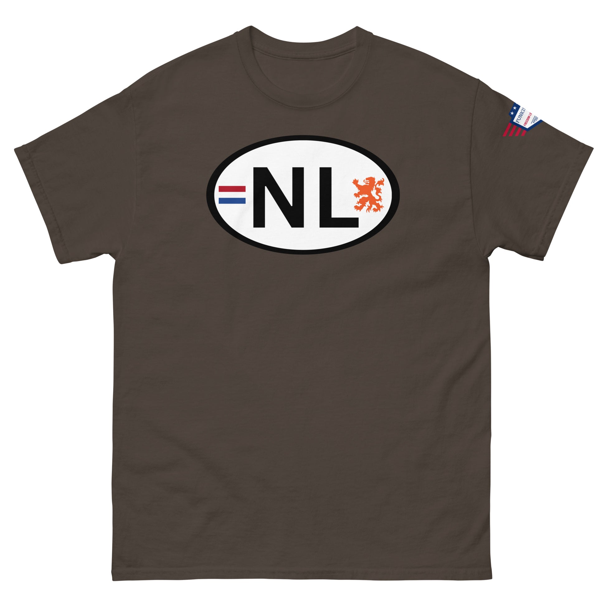 Front view of dark brown unisex classic tee with white NL lion plate design, stars-and-stripes sleeve