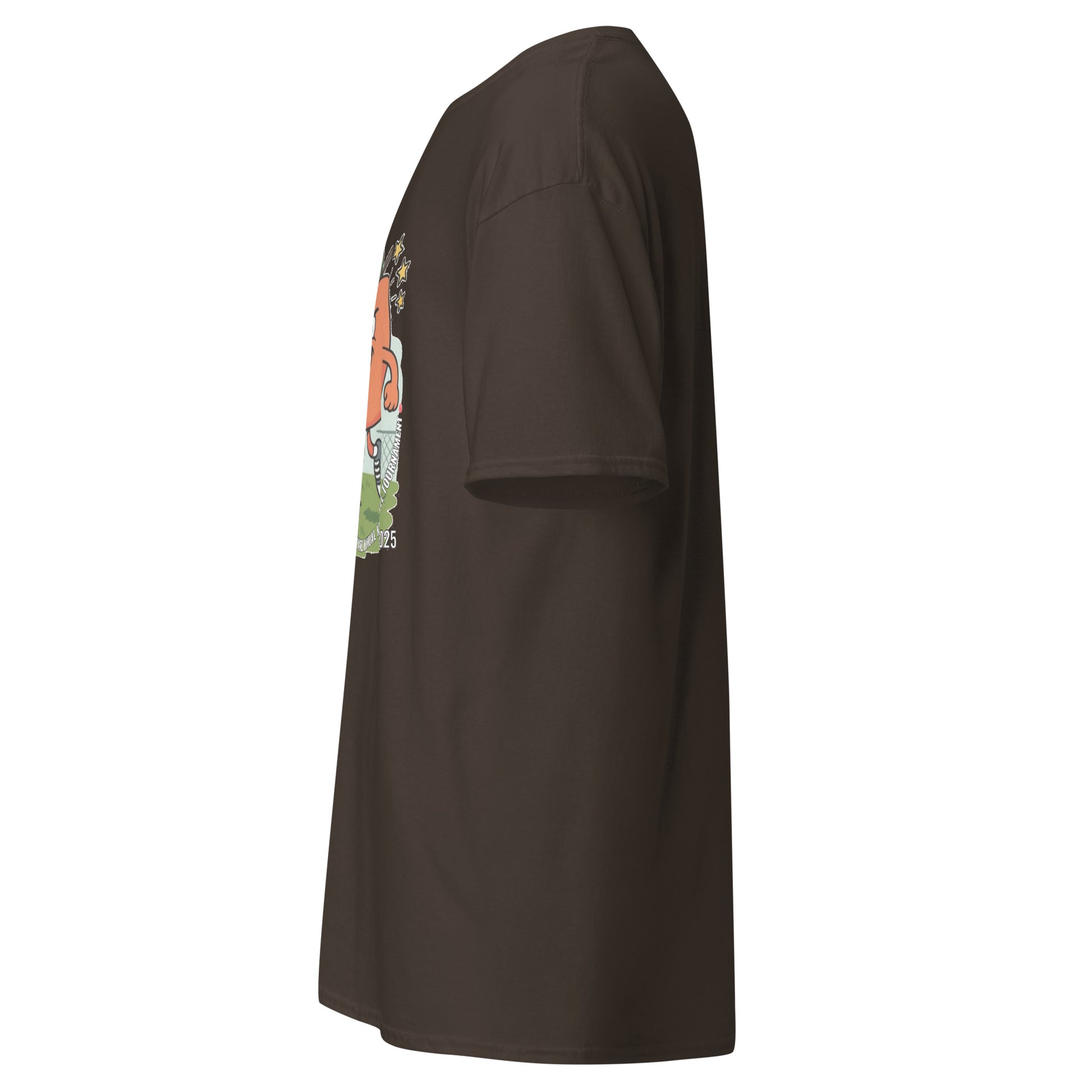 Right side view of dark brown tee revealing partial kickball tournament art
