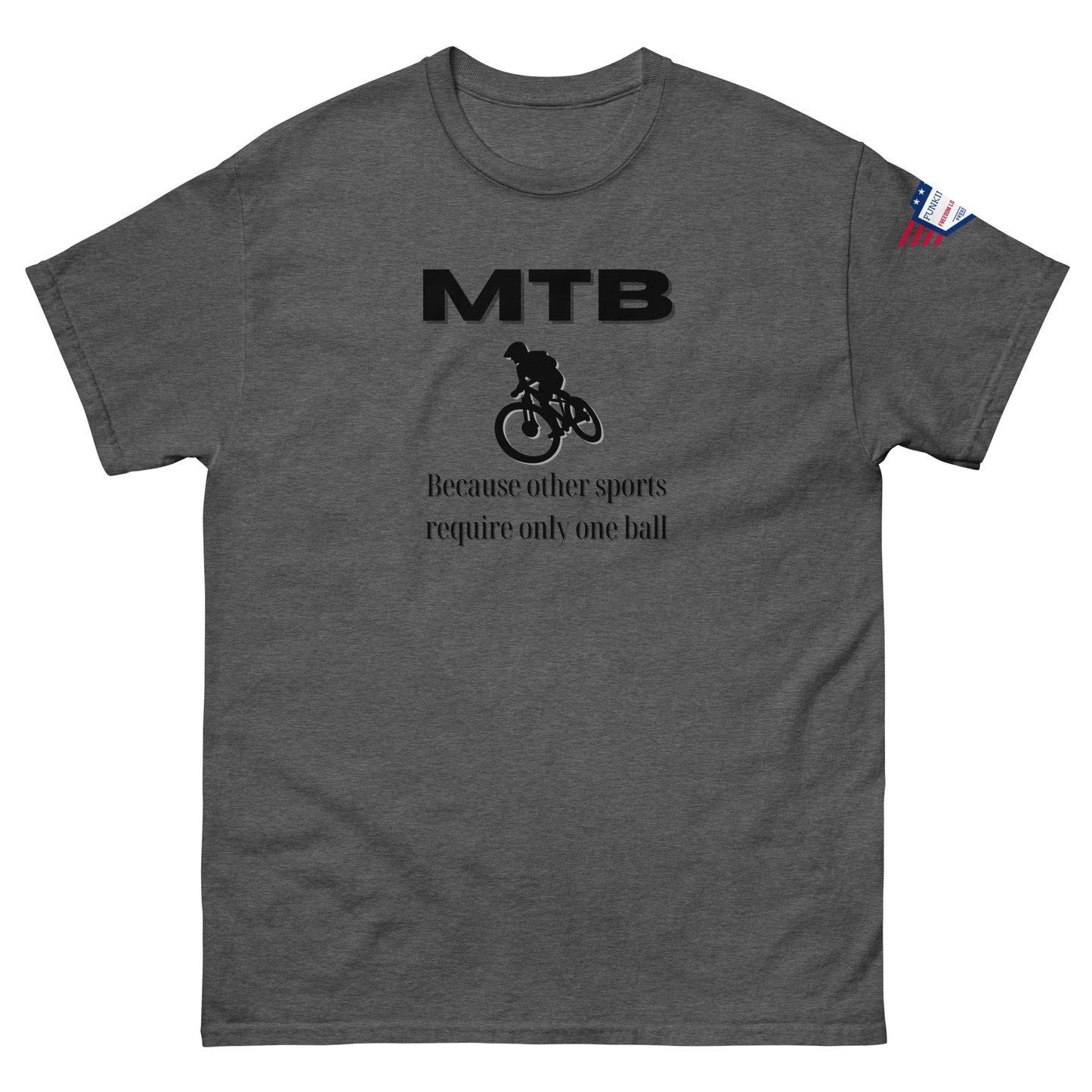 Front view of heather grey unisex tee with black "MTB Because other sports require only one ball" meme print, biker silhouette, USA flag sleeve patch