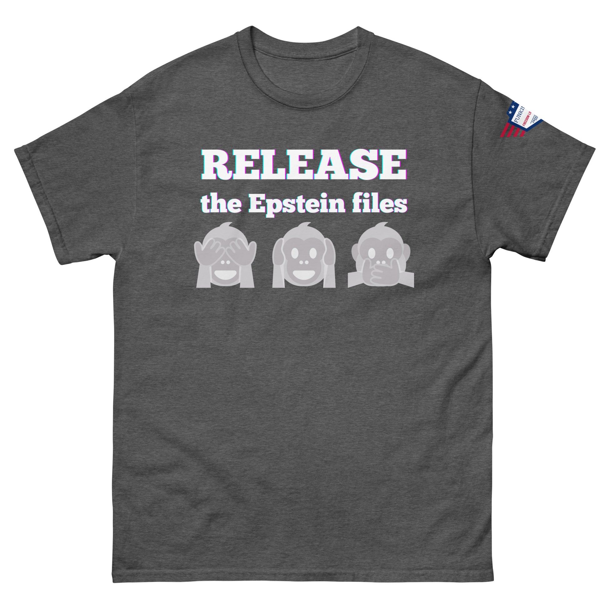 Front view of charcoal gray unisex t-shirt featuring "RELEASE the Epstein files" and evasive gray monkey emojis, flag patch