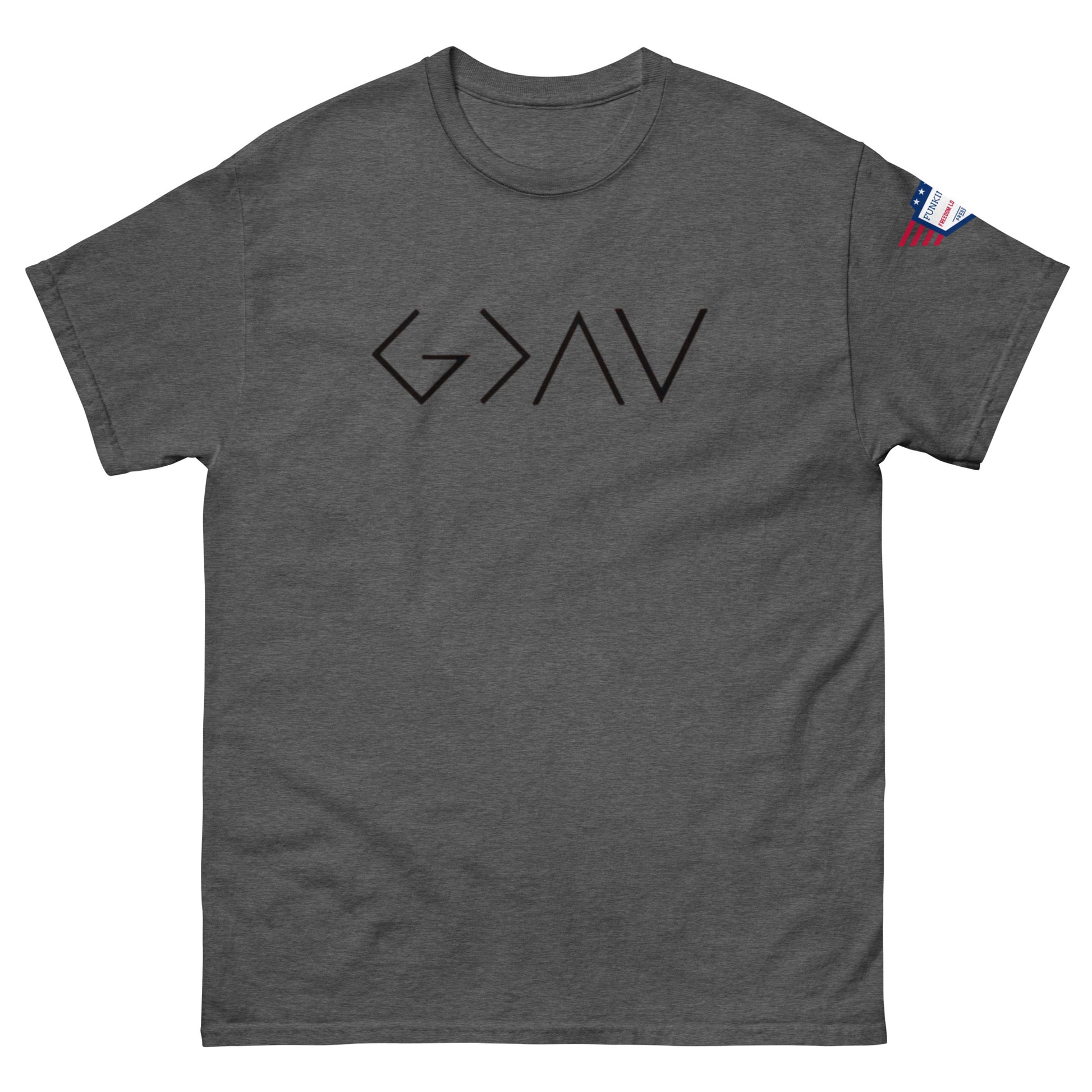 Front view of heather gray unisex t-shirt with bold black "God > All" print and US flag sleeve patch