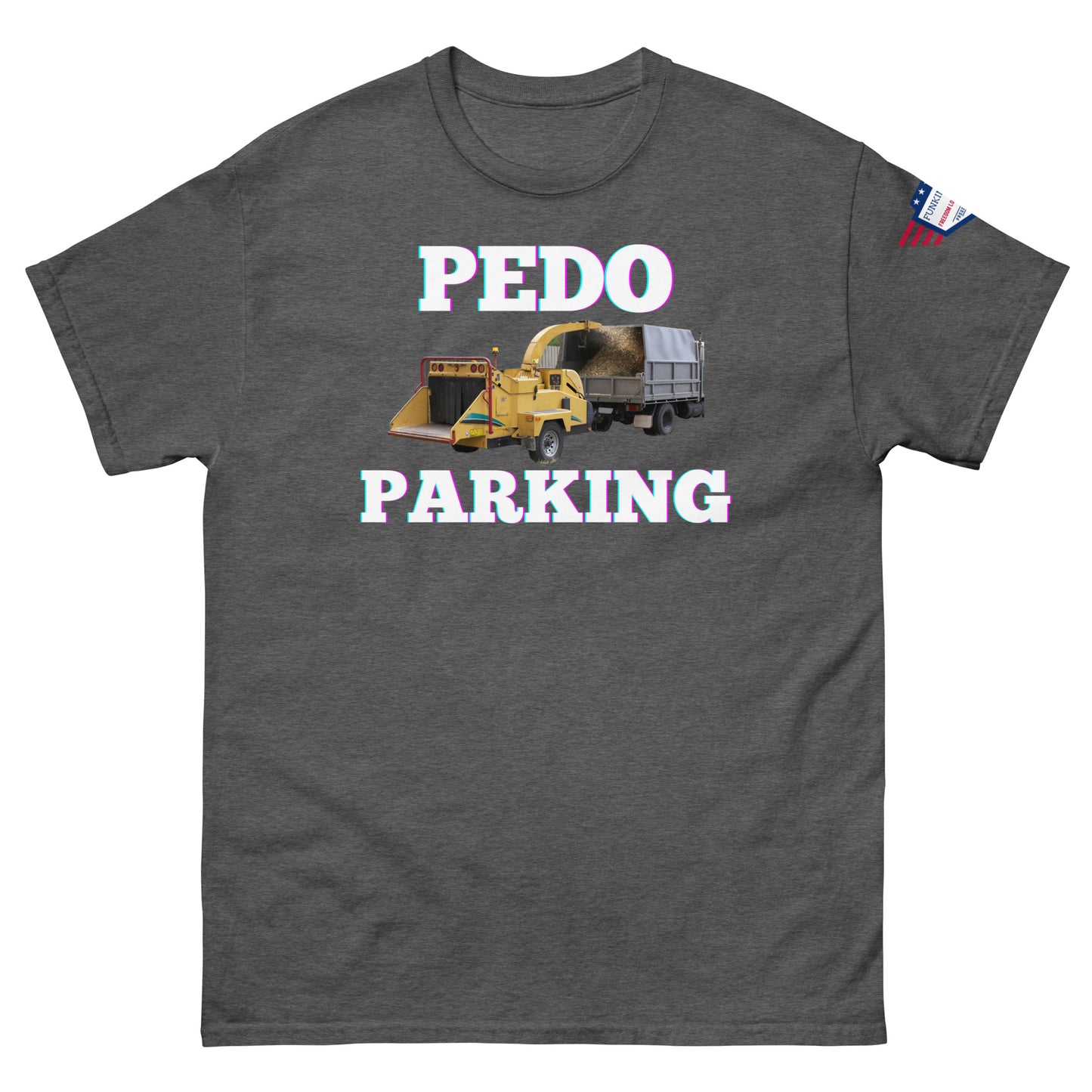 Front view of medium gray tee flexing "PEDODO PARKING" yellow truck and sleeve flag