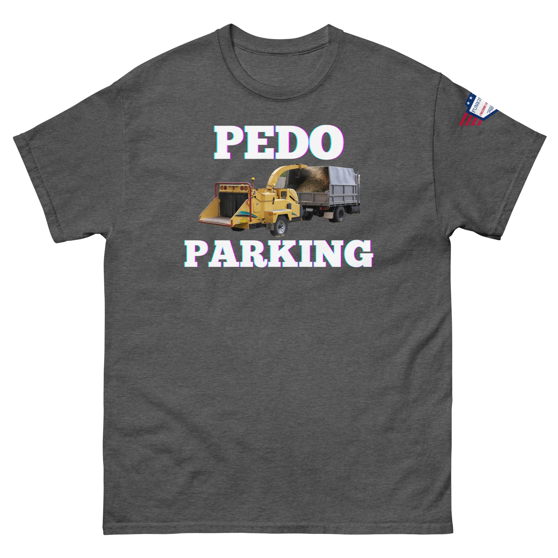 Front view of medium gray tee flexing "PEDODO PARKING" yellow truck and sleeve flag