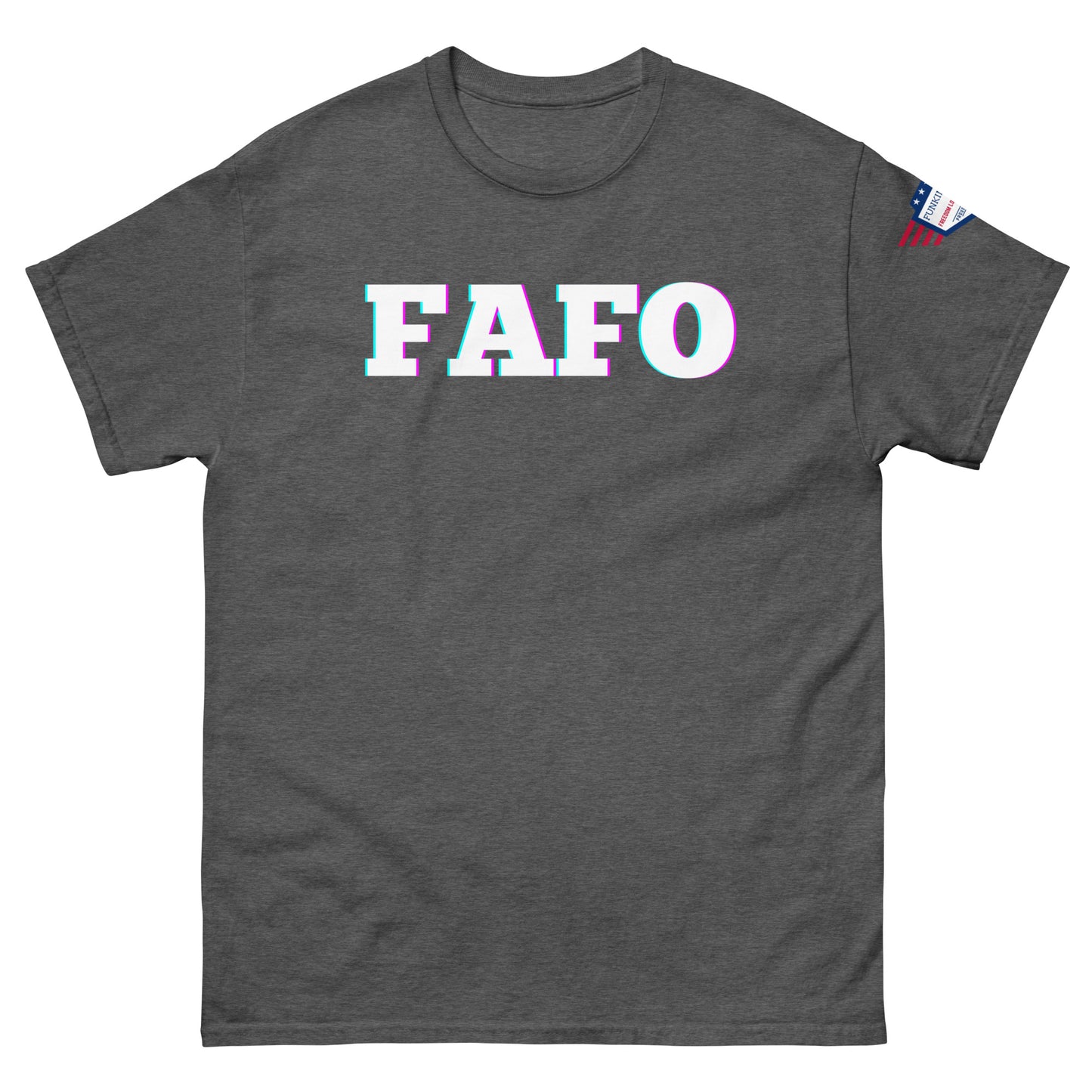 Front view of heather gray unisex tee displaying glitch "FAFO" graphic with flag on upper sleeve