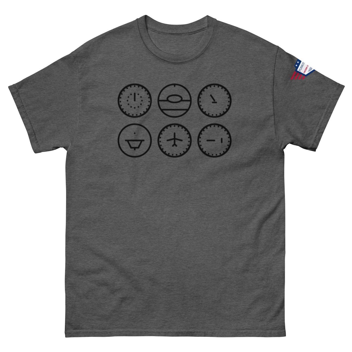 Front view of heather gray unisex t-shirt with six black line-art clock faces, flag on sleeve