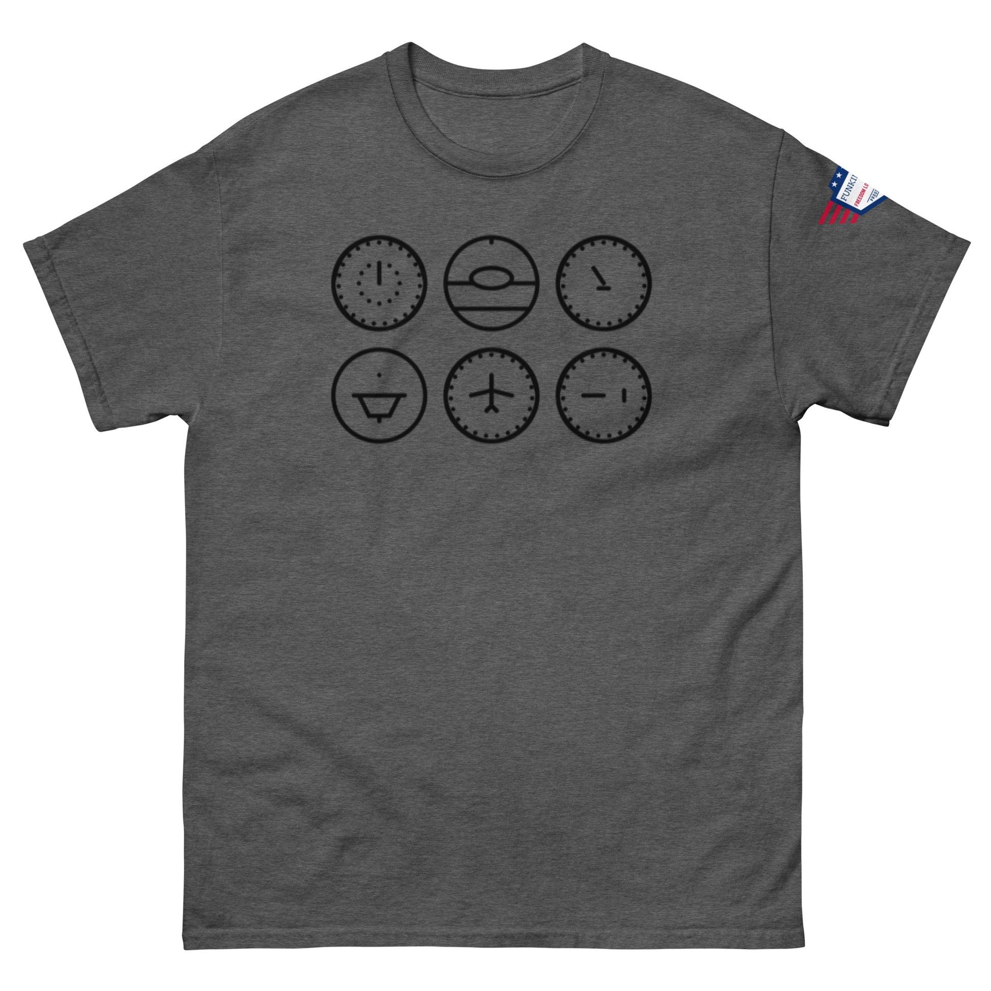 Front view of heather gray unisex t-shirt with six black line-art clock faces, flag on sleeve