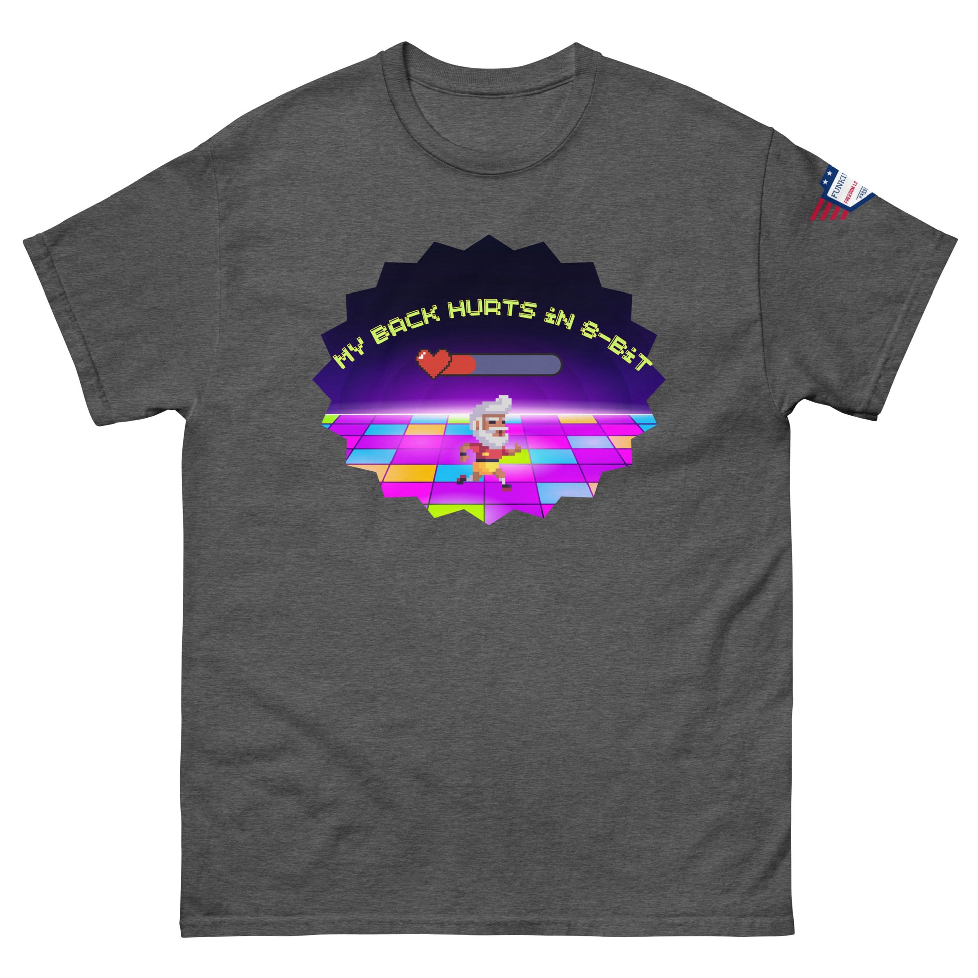 Front view of medium gray unisex tee featuring "My Back Hurts 98%" pixel chef neon disco graphic, USA patch