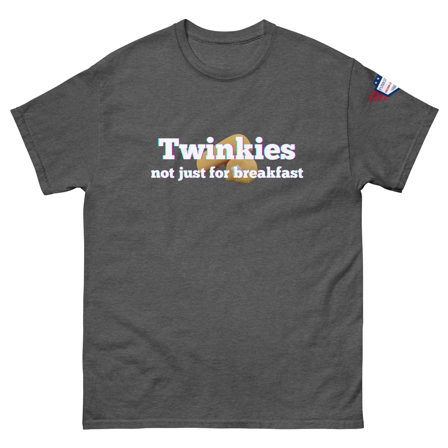 Front view of heather gray unisex tee with rainbow "Twinkies" over Twinkie graphic and white "not just for breakfast" text, flag sleeve patch
