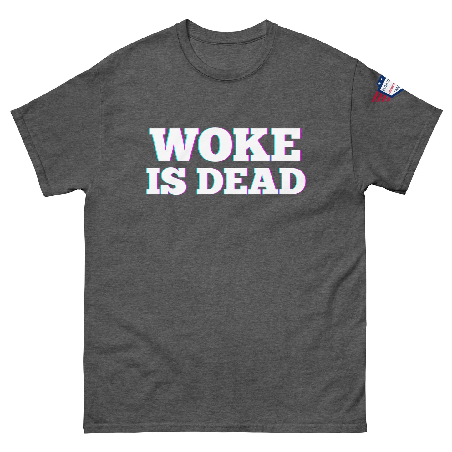 Front view of heather gray unisex tee with glowing "WOKE IS DEAD" white print and sleeve flag