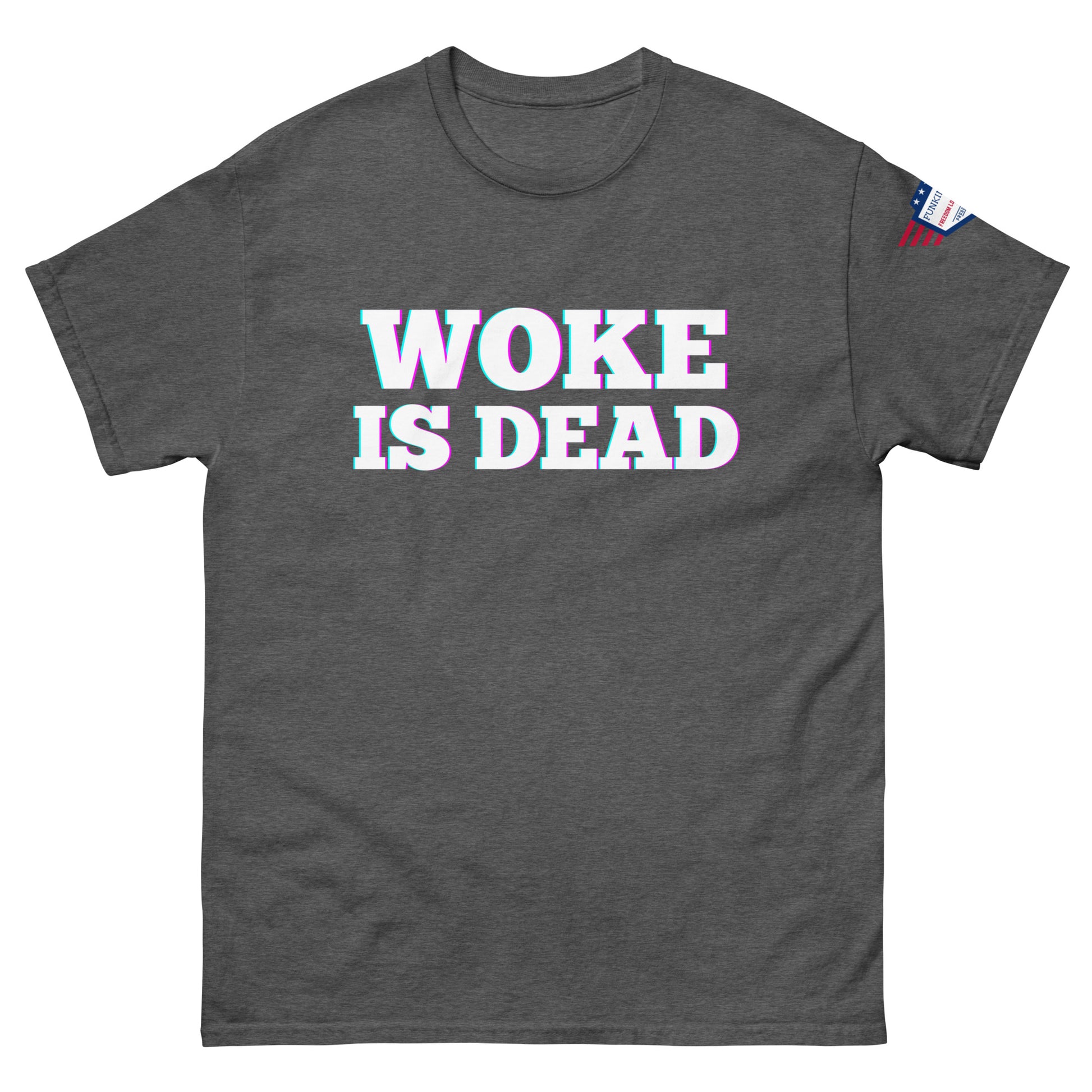 Front view of heather gray unisex tee with glowing "WOKE IS DEAD" white print and sleeve flag