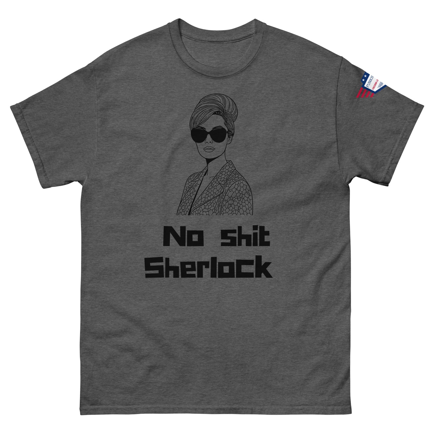 Front view of heather gray unisex tee starring sassy specs lady and "No shit Sherlock"