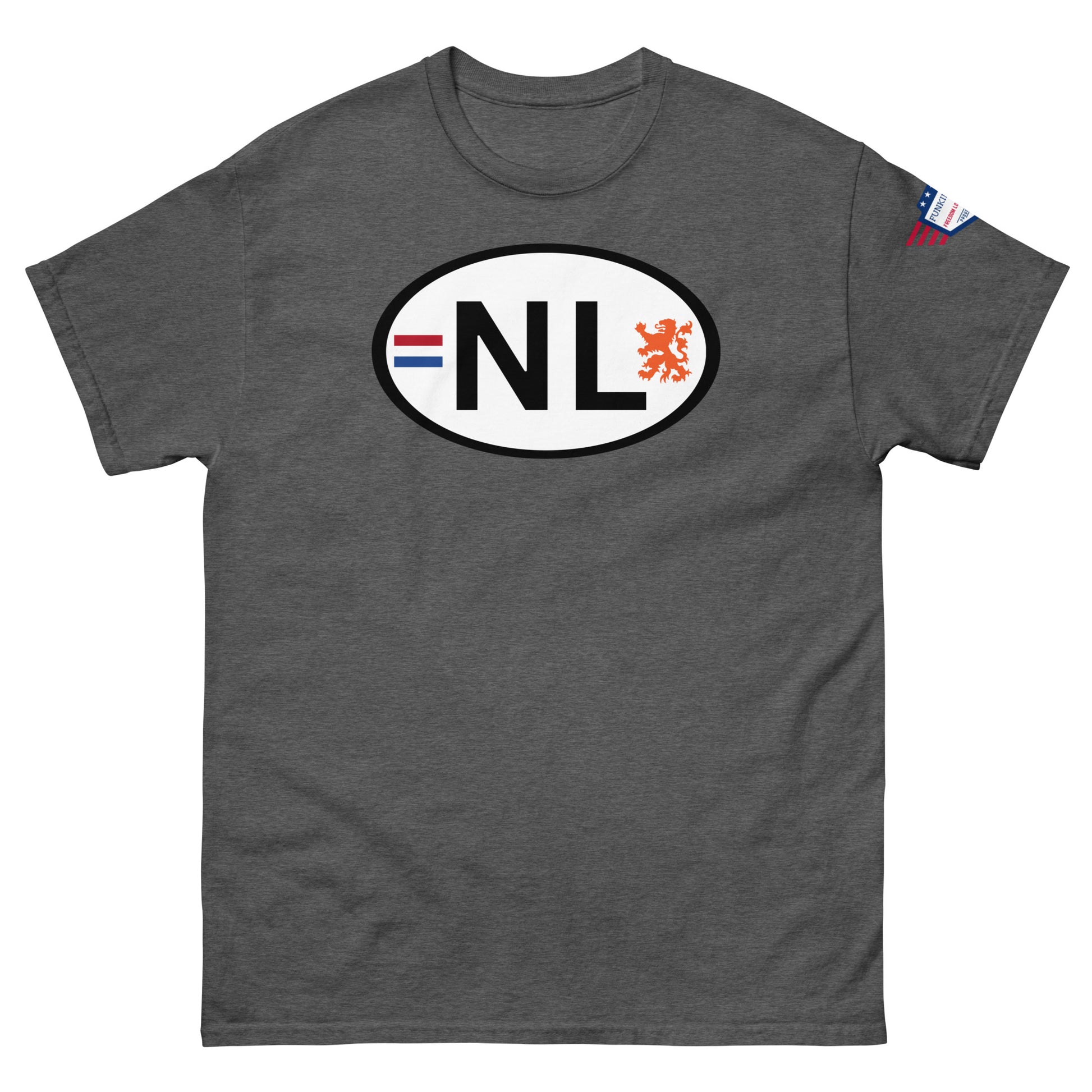 Front view of heather gray unisex tee sporting white oval NL Dutch lion print, USA flag sleeve tag