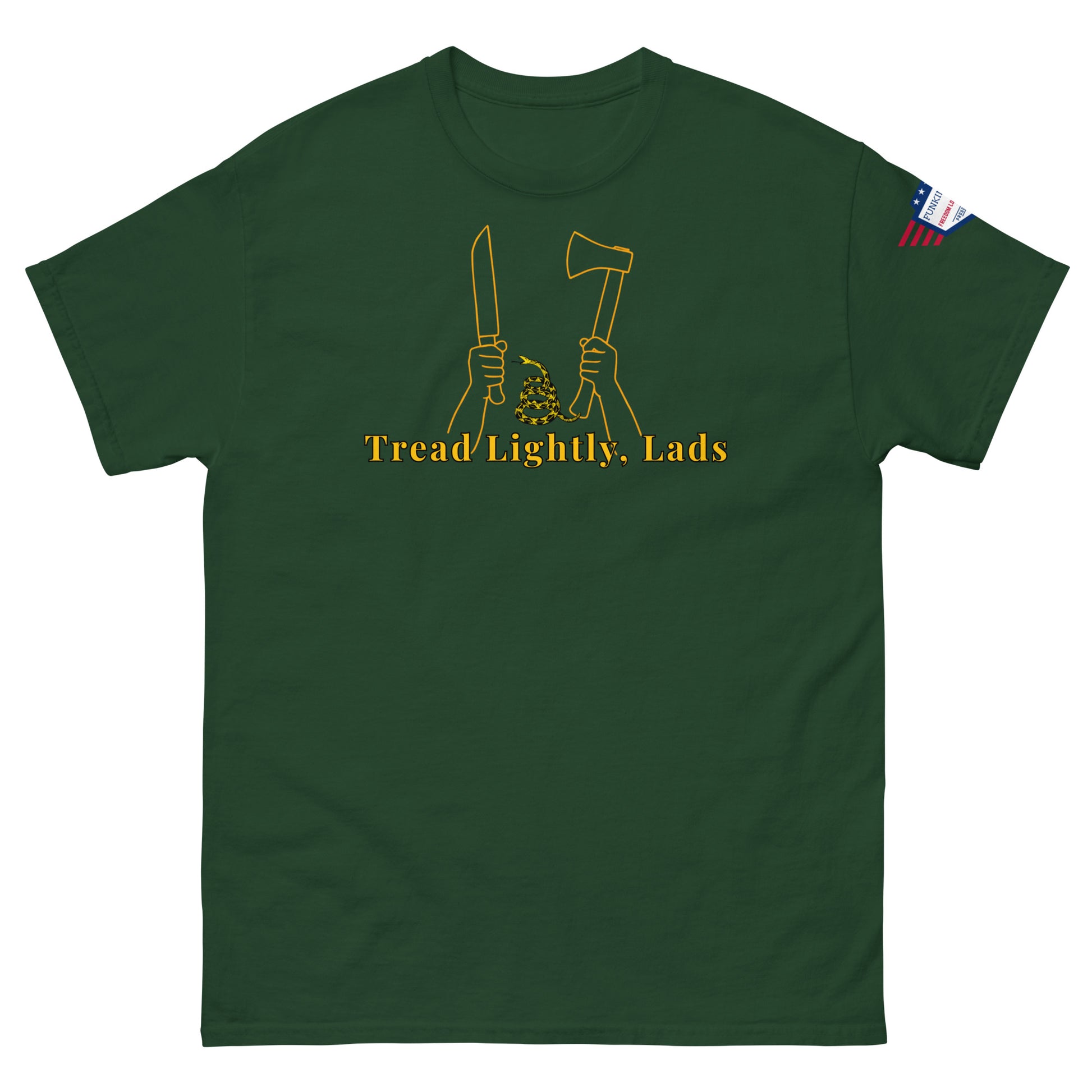 Front forest green tee with bold yellow "Tread Lightly, Lads" print, knife-axe hands flanking coiled snake, flag sleeve detail