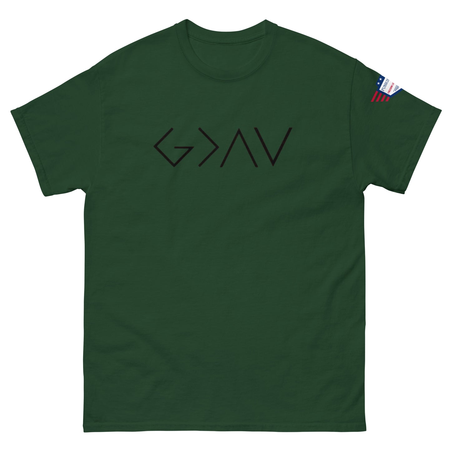 Front view of forest green unisex t-shirt with bold black "G > AV" chest print and US flag sleeve patch
