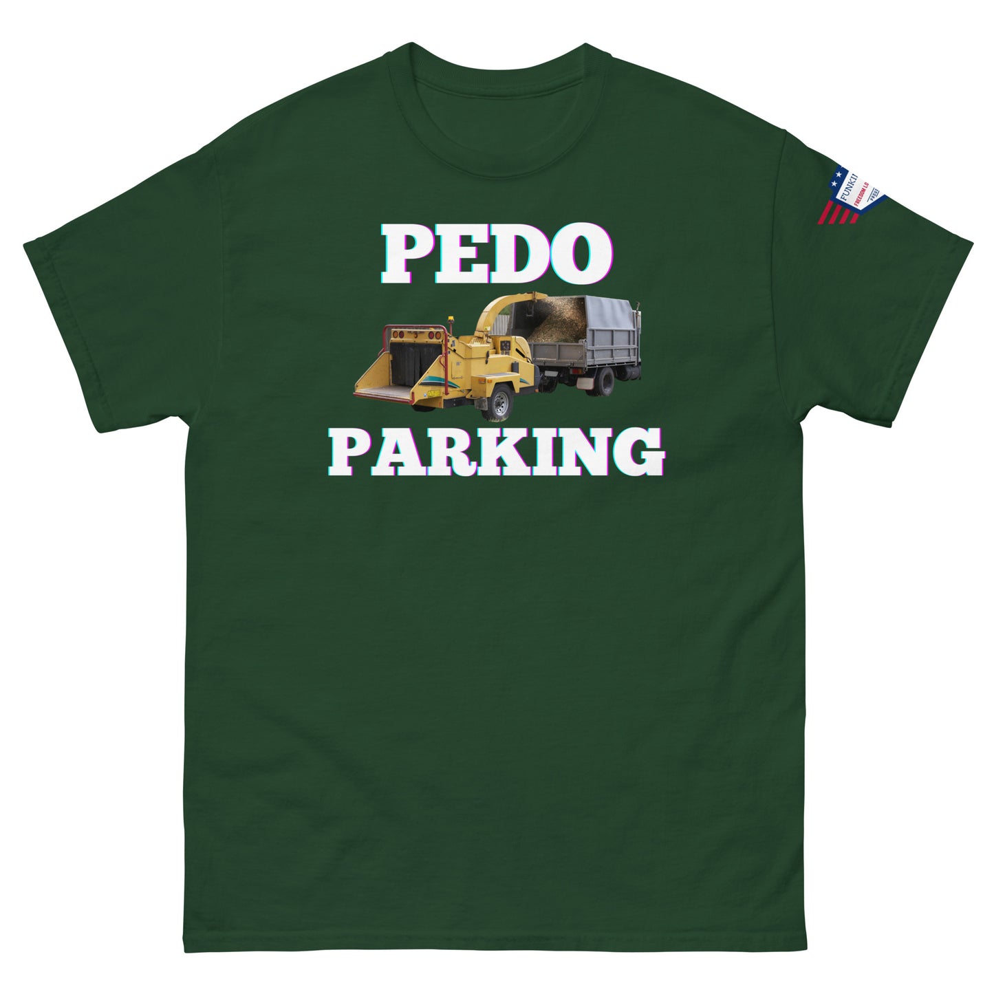Front view of forest green unisex tee with pink-glow "PLOWDO PARKING" print, yellow plow truck graphic, USA flag sleeve patch