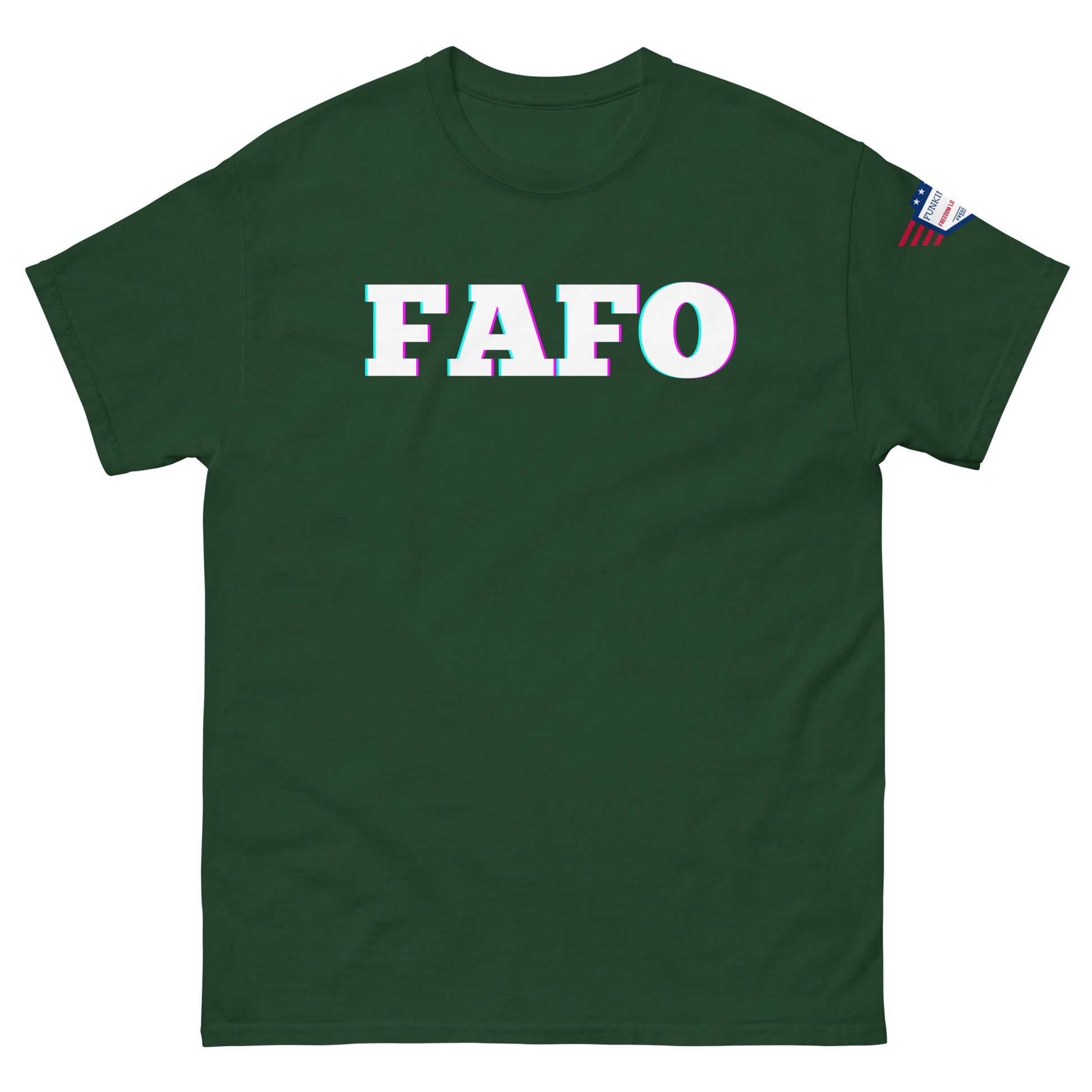 Front view of forest green unisex T-shirt with bold white "FAFO" glitch graphic and US flag sleeve patch