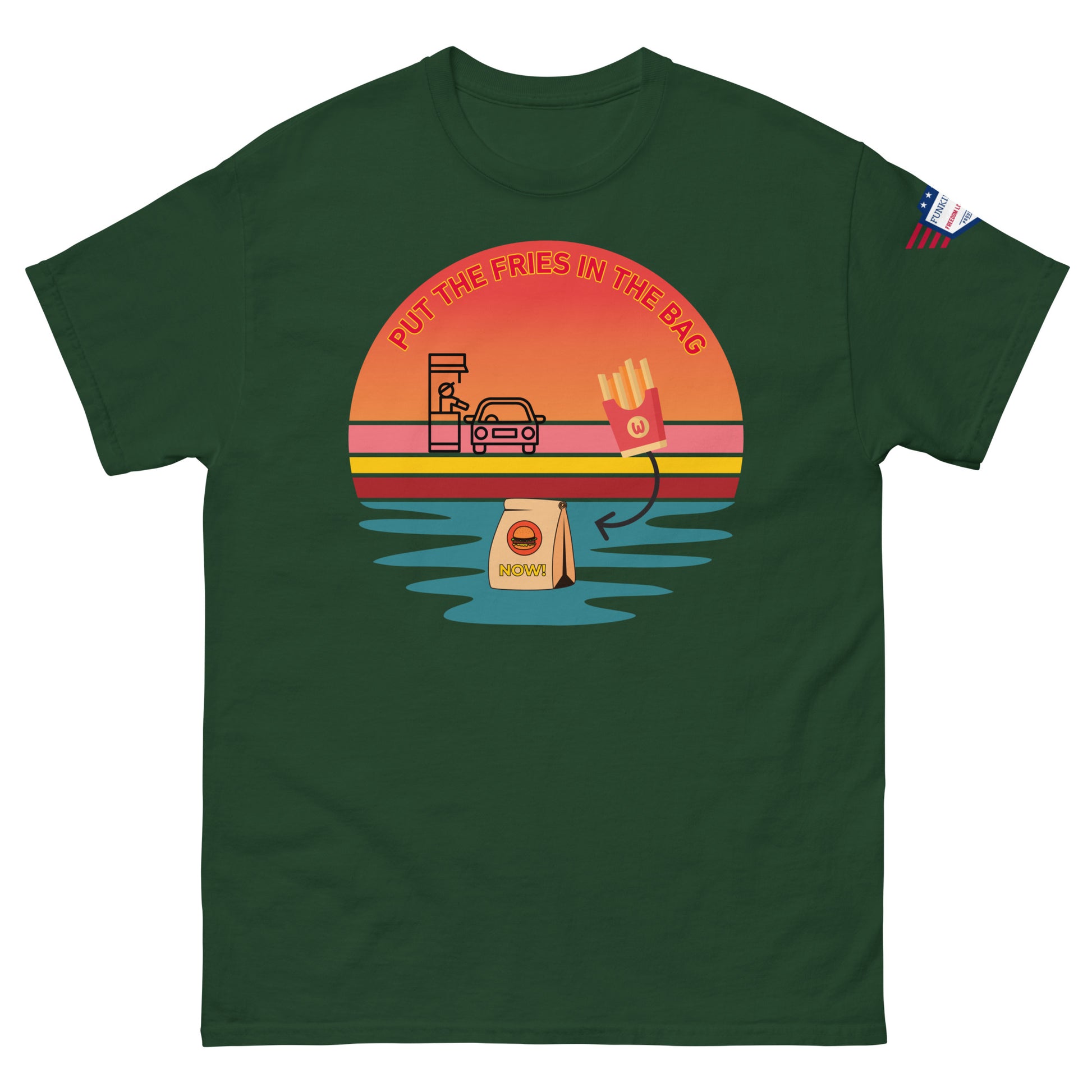 Front view of dark green unisex t-shirt rocking "PUT THE FRIES IN THE BAG" sunset fries-to-bag design