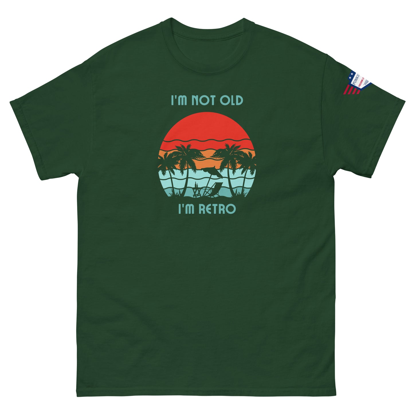 Front view of forest green unisex t-shirt saying "I'm not old I'm retro" above retro beach sunset design