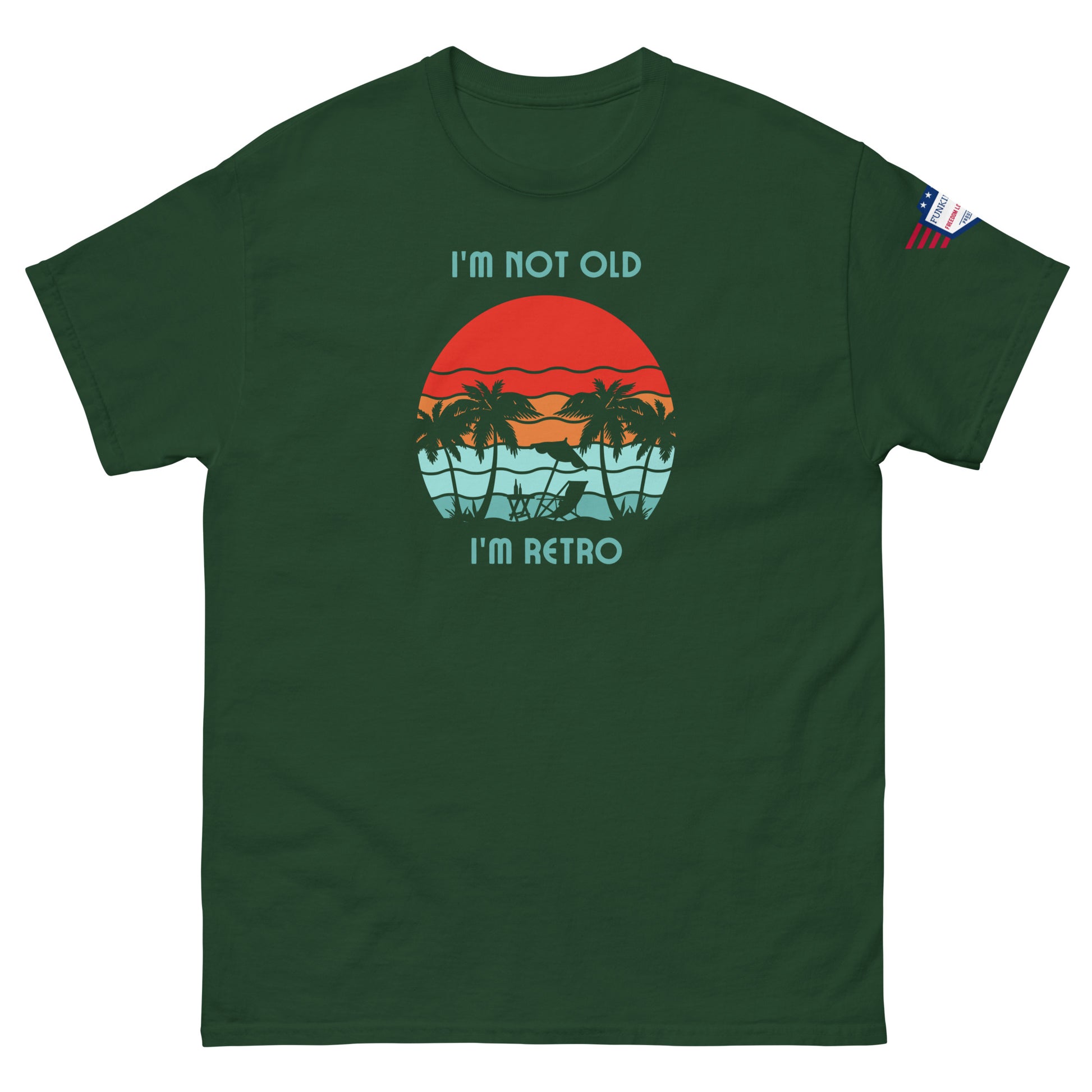 Front view of forest green unisex t-shirt saying "I'm not old I'm retro" above retro beach sunset design