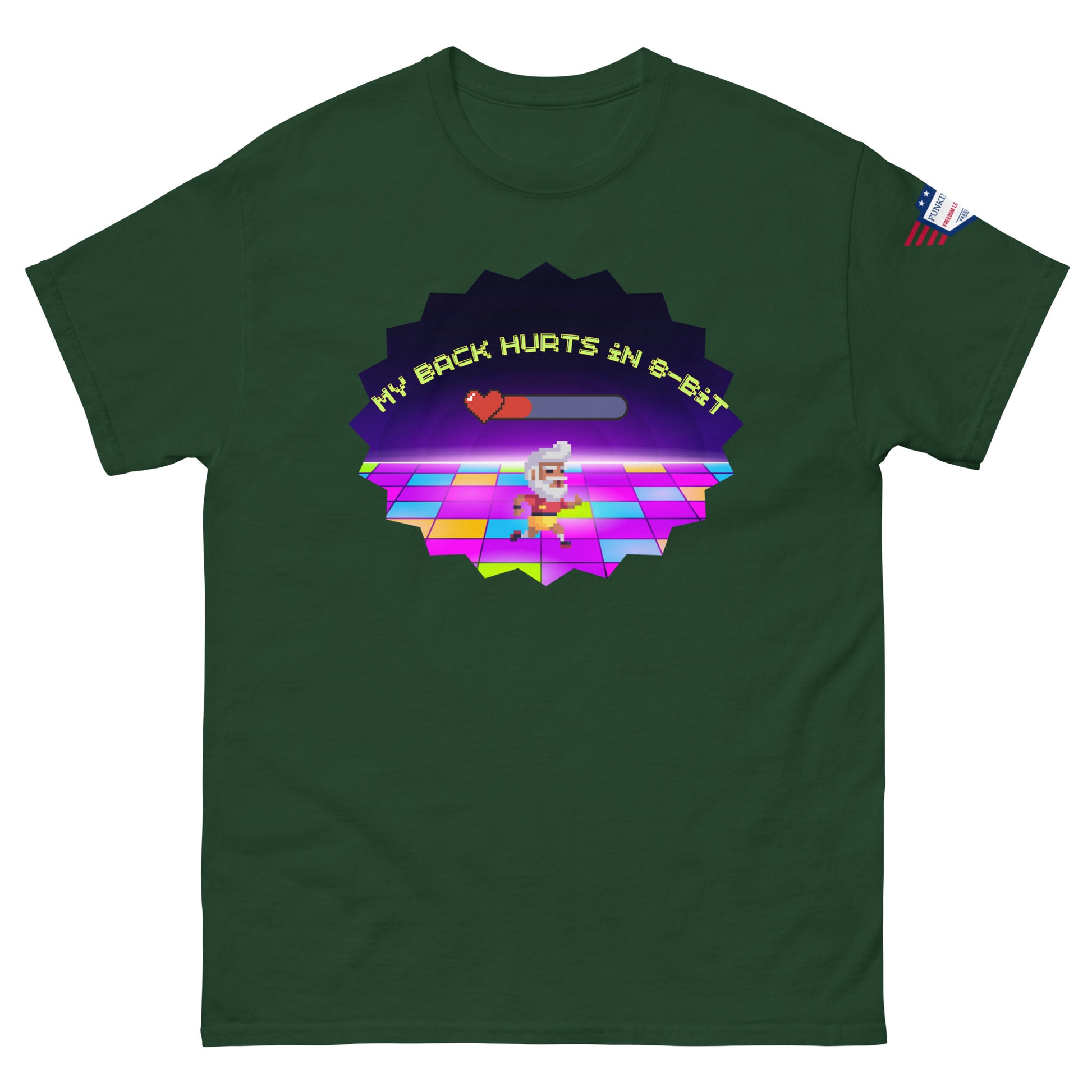 Forest green tee front view, "My Back Hurts 98%" pixelated chef grooving on retro floor, flag patch