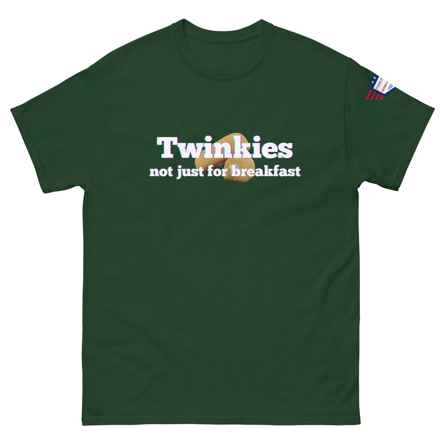 Front view of forest green unisex tee showing "Twinkiesies not just for breakfast" print with golden Twinkie and sleeve flag