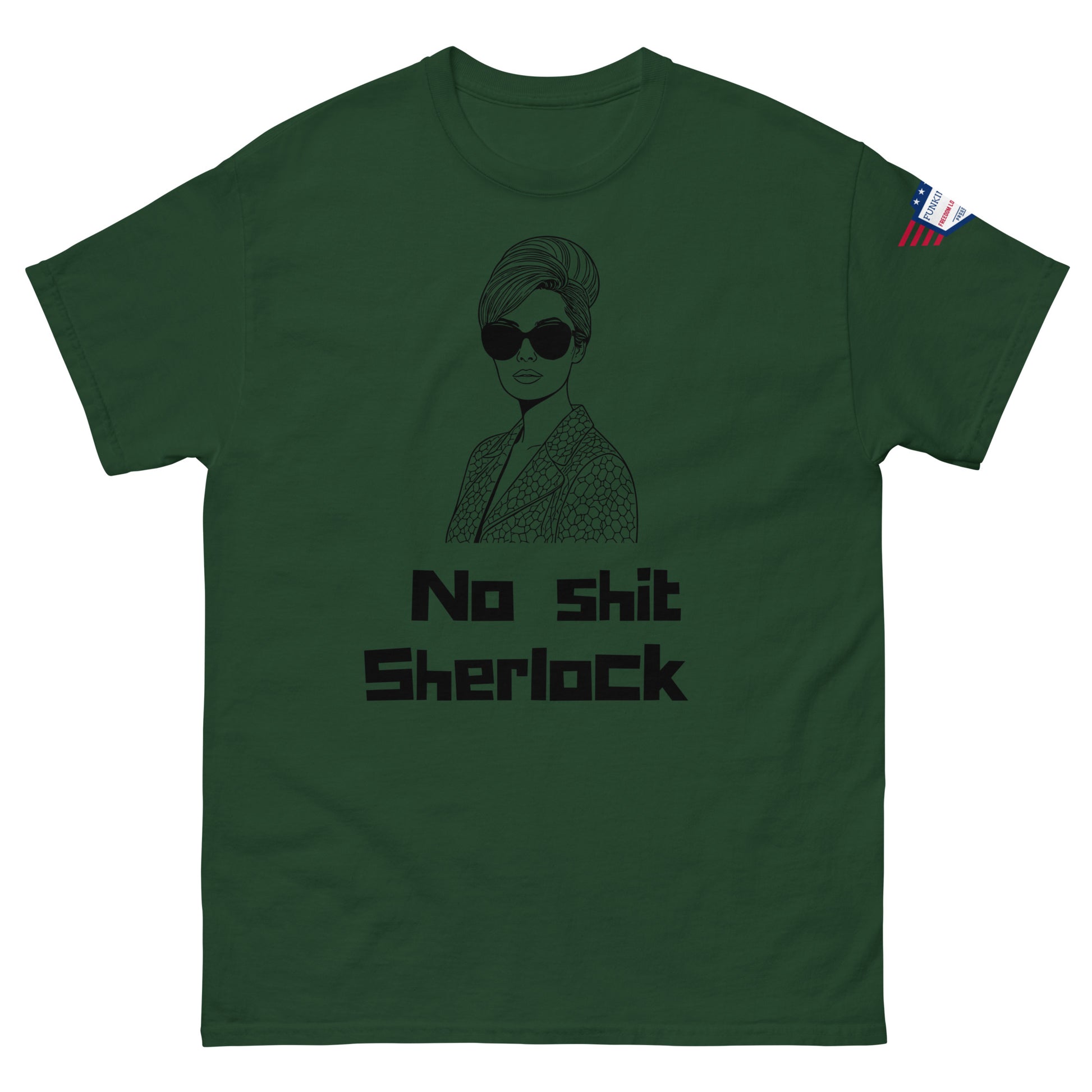 Front view of army green unisex t-shirt showing black "No shit Sherlock" meme print with diva lady graphic, American flag sleeve patch