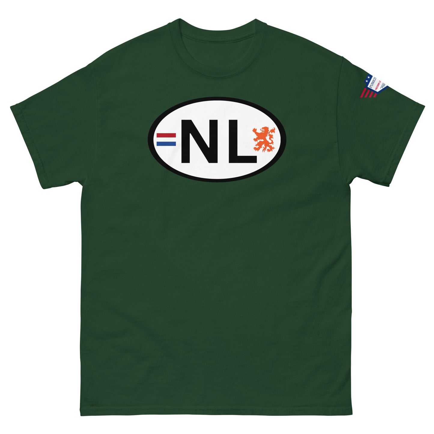 Front view of forest green classic tee rocking white "NL" oval emblem with lion and flag stripes — lowkey hilarious