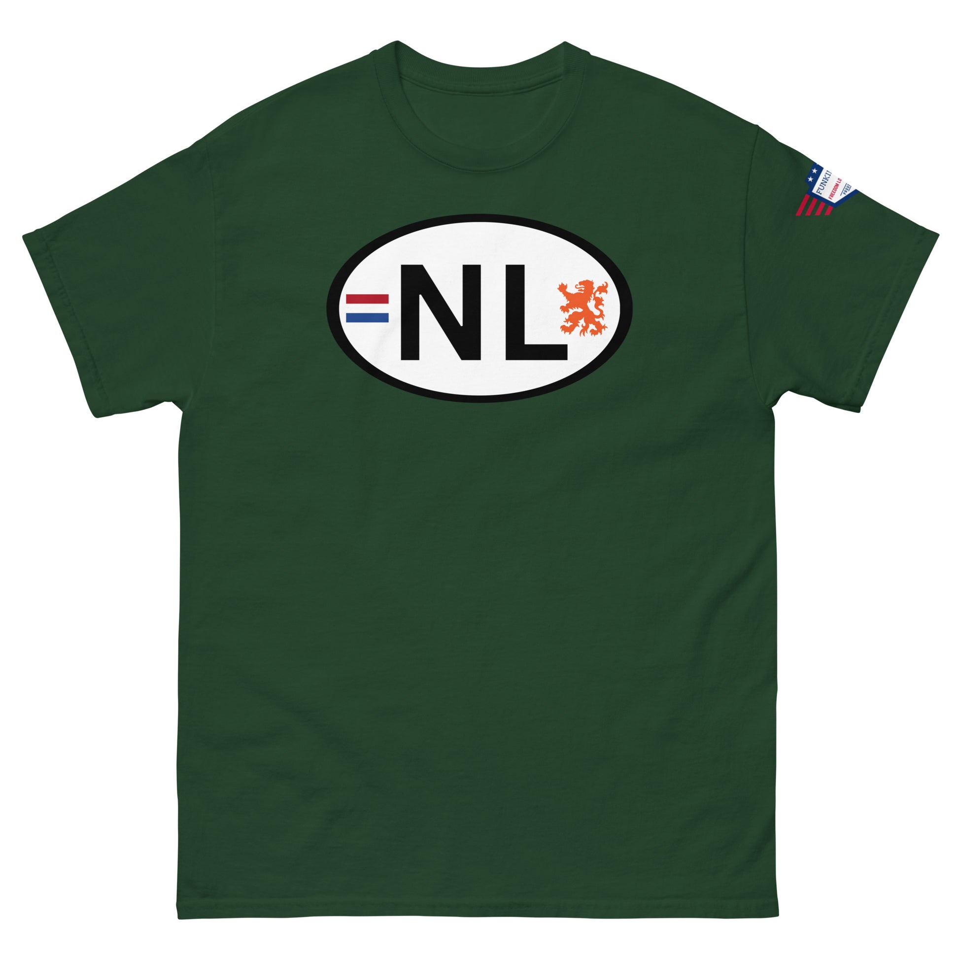 Front view of forest green classic tee rocking white "NL" oval emblem with lion and flag stripes — lowkey hilarious