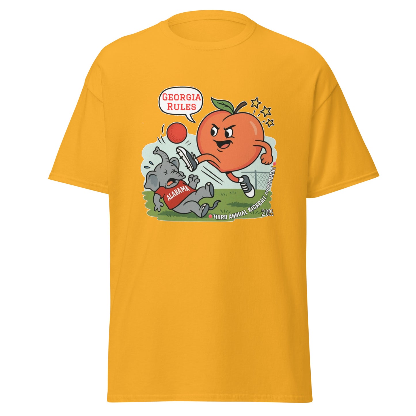 Front view of gold classic tee with cartoon Georgia peach kicking red kickball at falling Alabama elephant, "Georgia rules!" bubble, Third Annual print