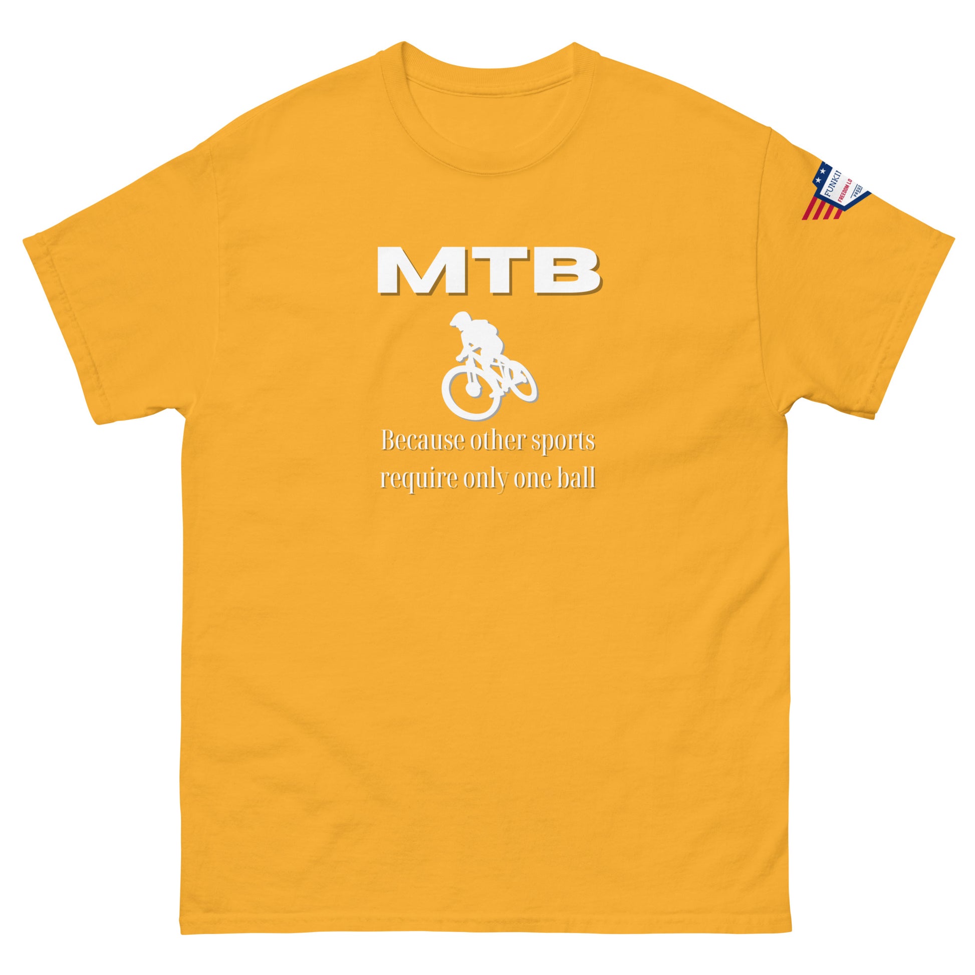 Front view of bright yellow unisex t-shirt with white "MTB", bike silhouette, "Because other sports require only one ball", US flag sleeve