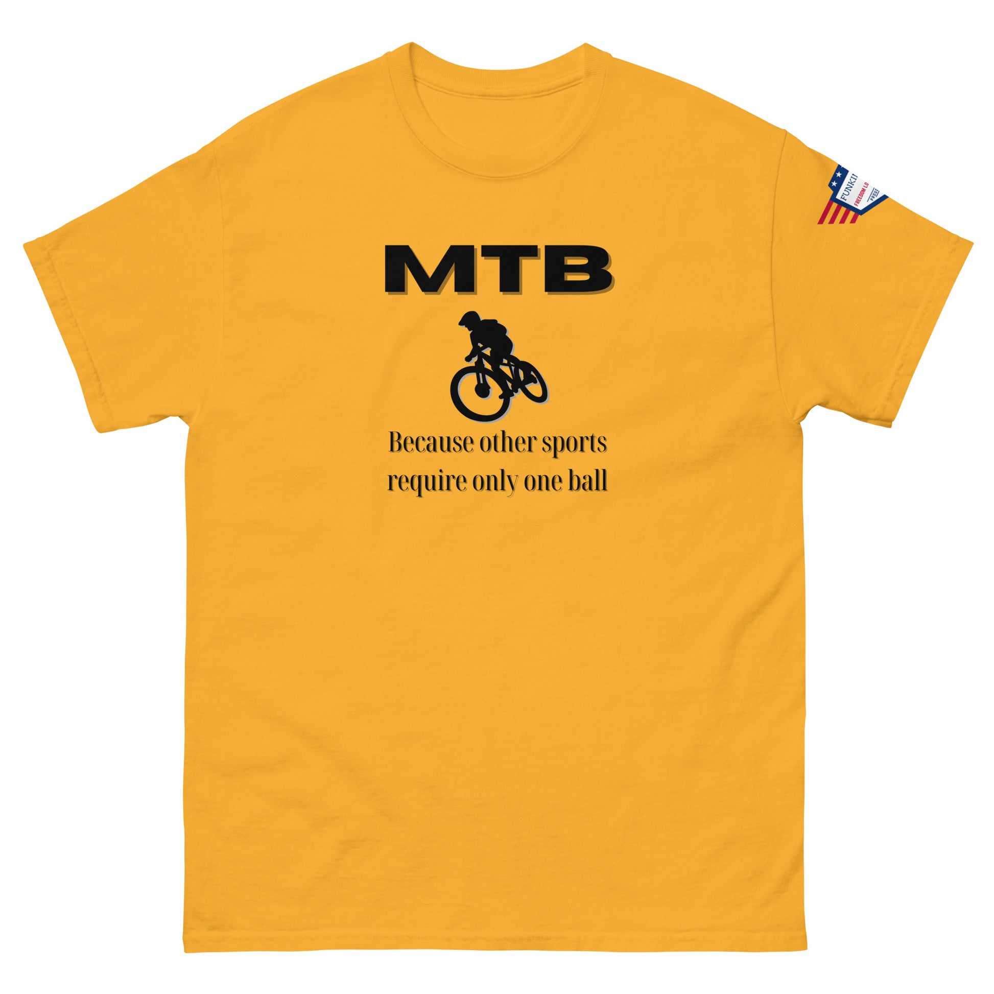 Front view of mustard yellow unisex tee with black "MTB Because other sports require only one ball" meme print, biker silhouette, USA flag sleeve patch
