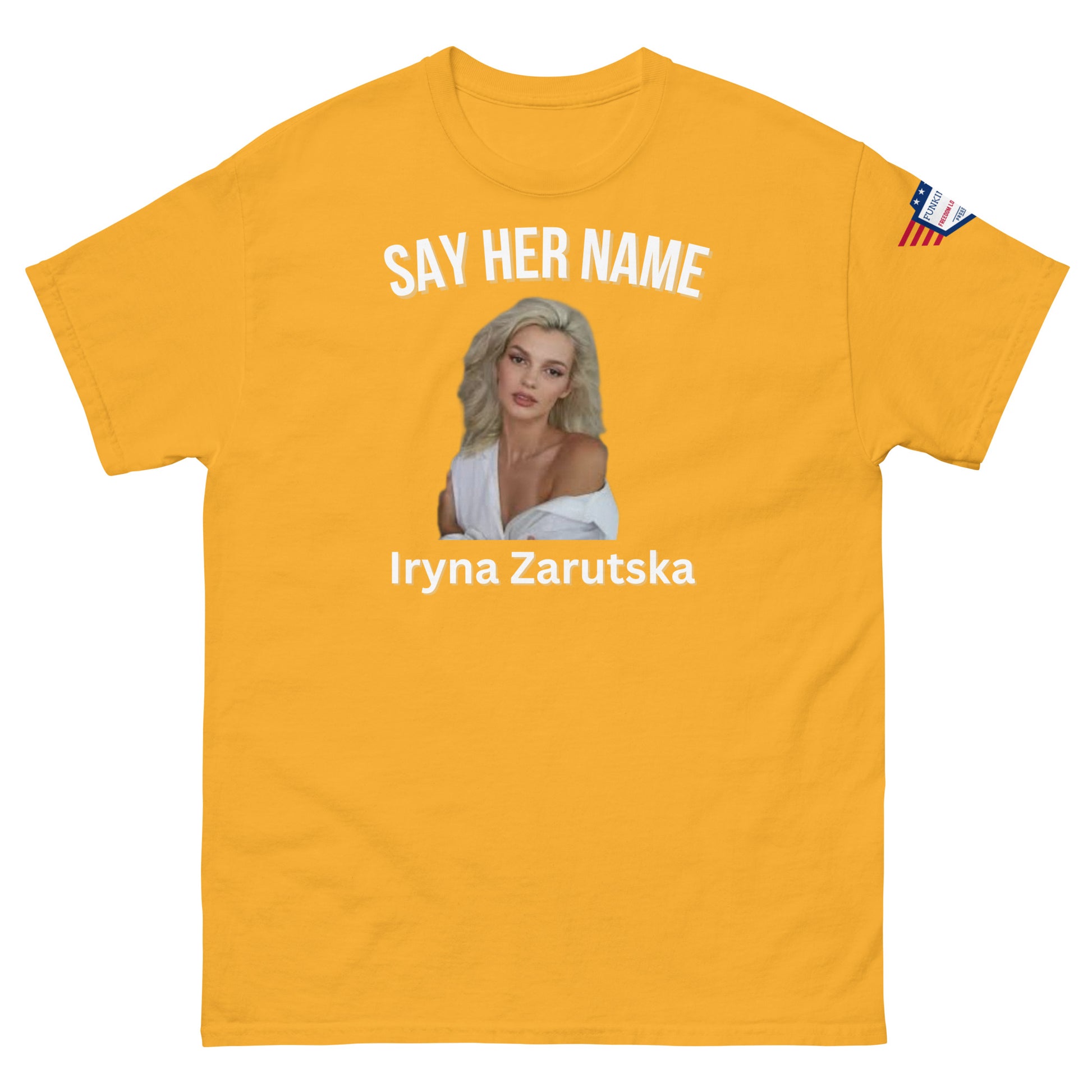 Front view of mustard yellow "SAY HER NAME" tee with Iryna Zaruska portrait, USA patch