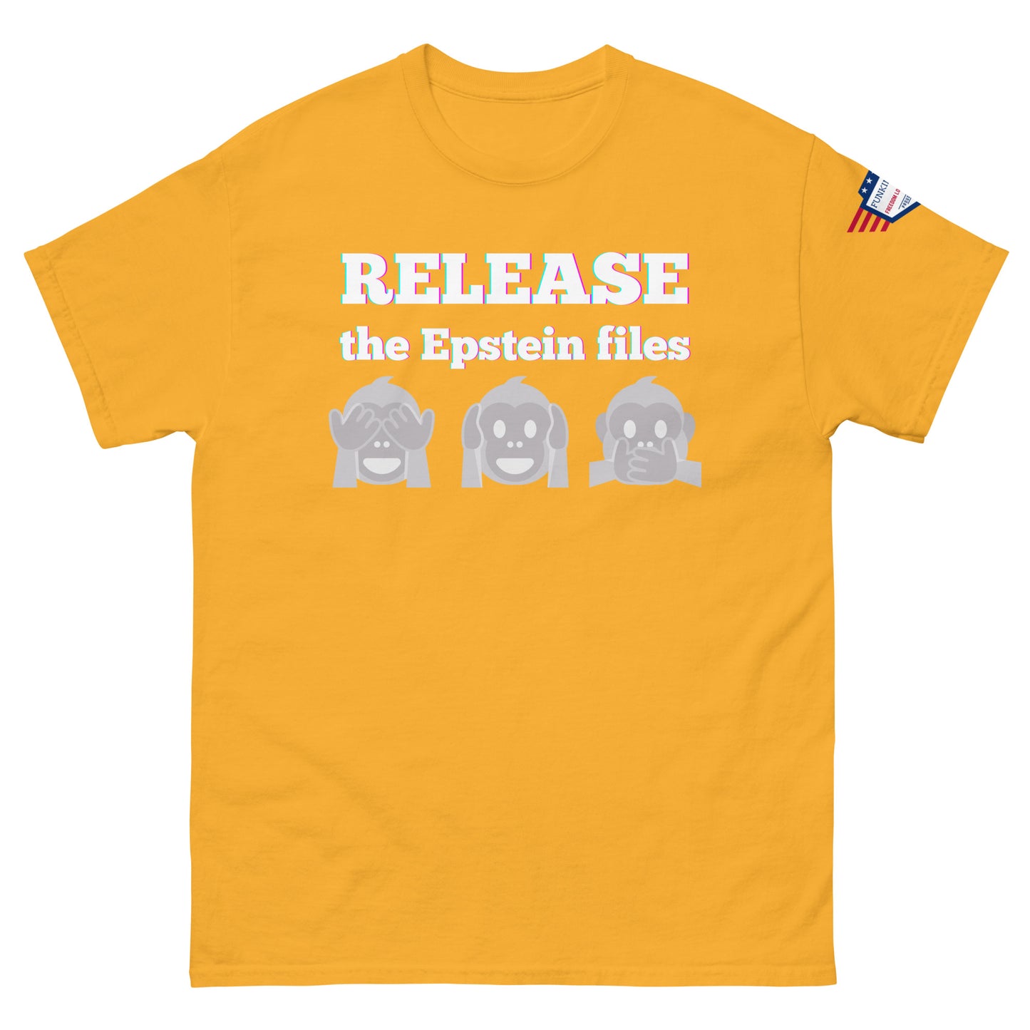 Front view of golden yellow unisex t-shirt with bold "RELEASE the Epstein files" print, monkey emoji lineup, USA flag