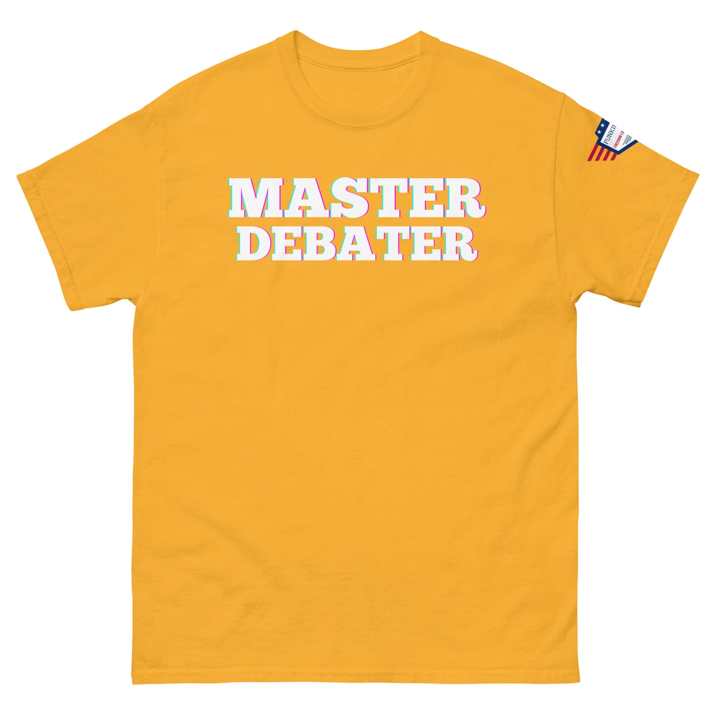 Front view of mustard yellow unisex tee featuring "MASTER DEBATER" glow text and US flag sleeve label