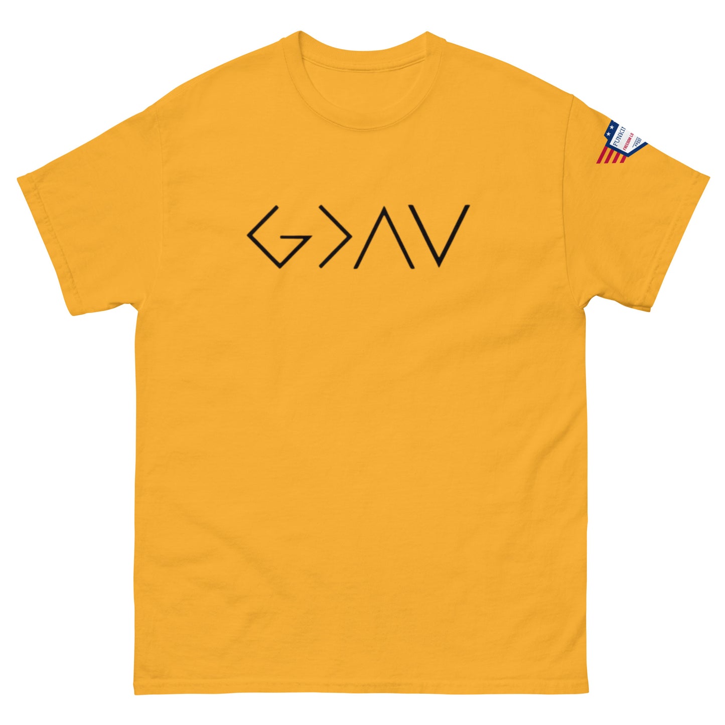 Front view of bright yellow unisex t-shirt with bold black "God > All" print and US flag sleeve patch