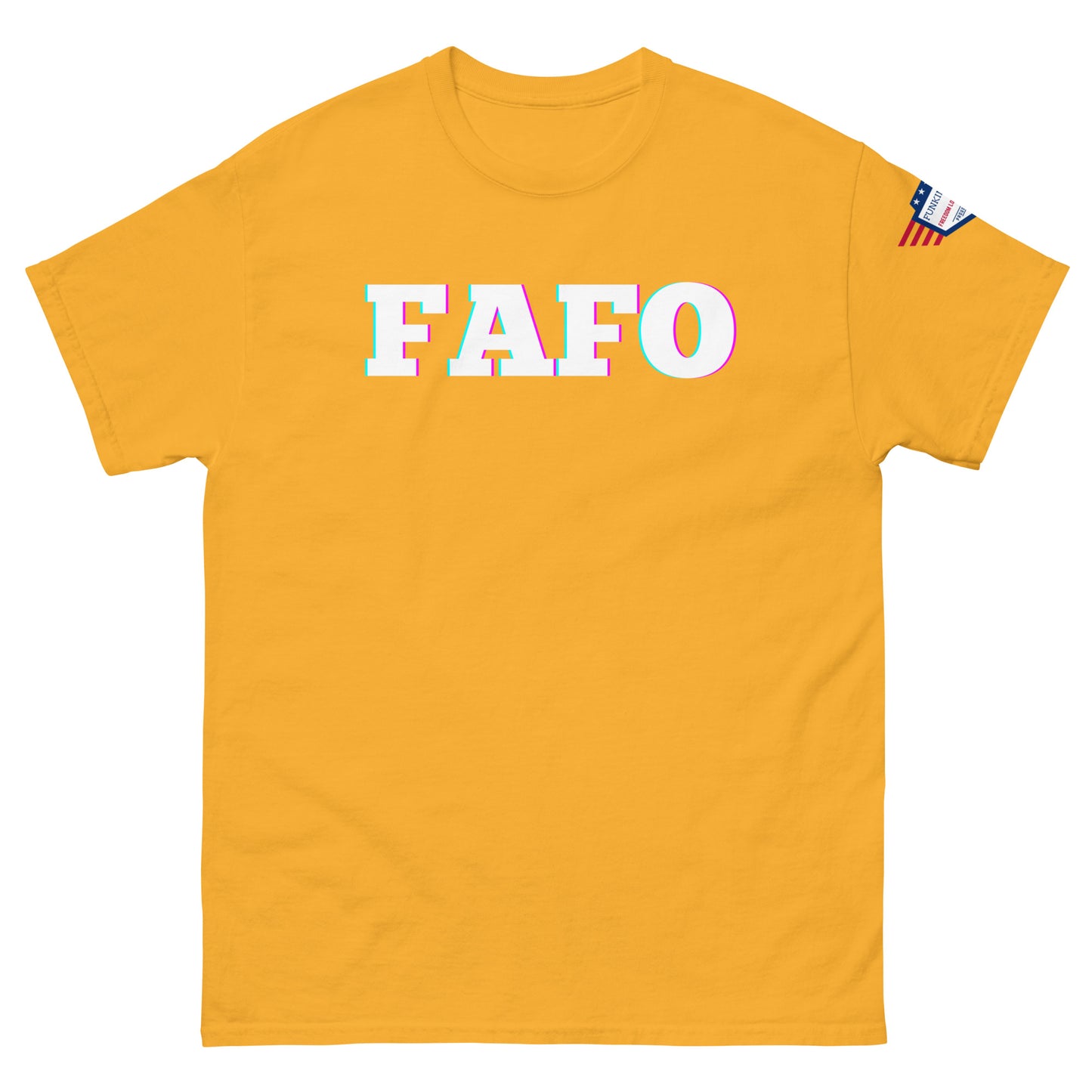 Front view of golden yellow unisex t-shirt with glitchy "FAFO" graphic in white/cyan/magenta and US flag