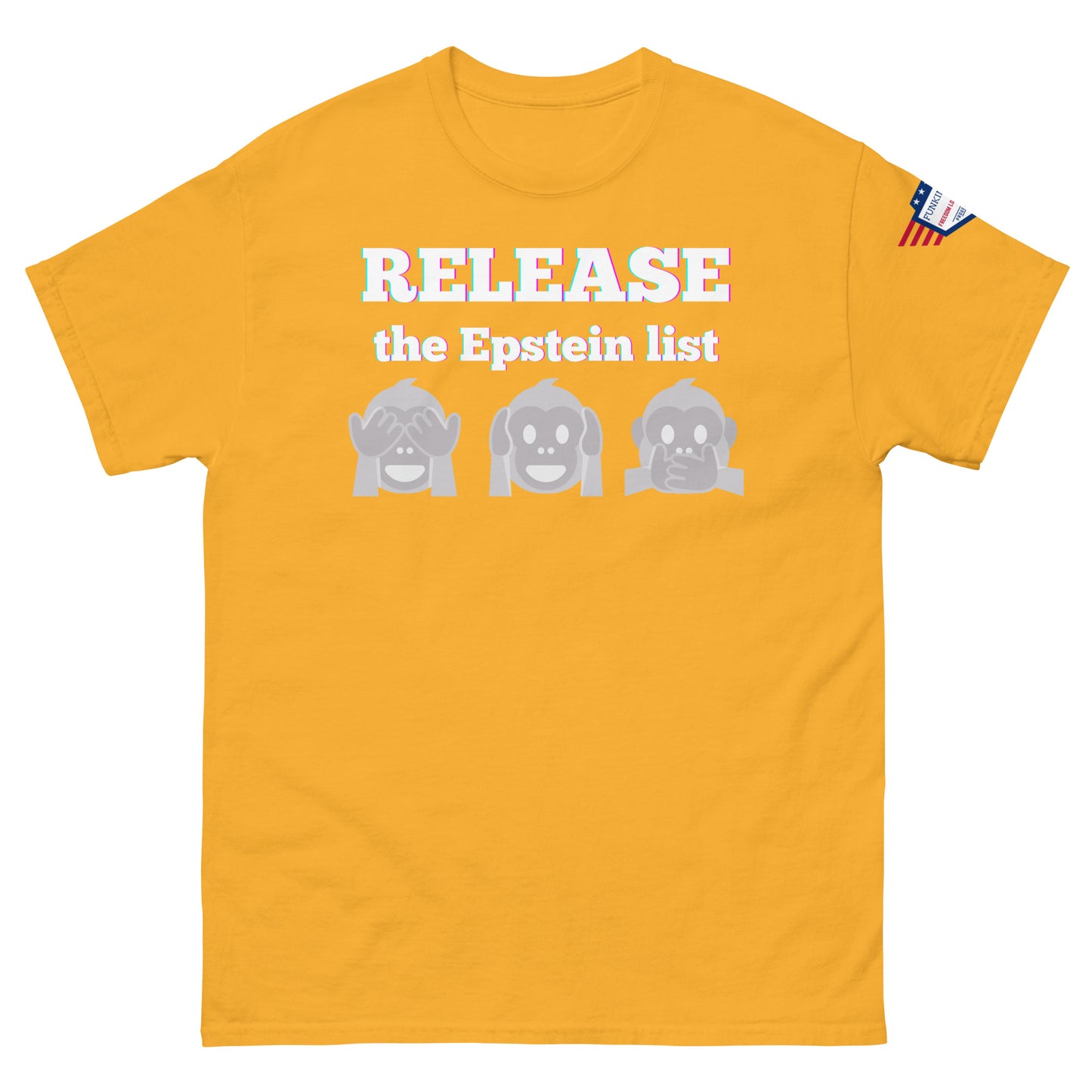 Gold yellow unisex tee front view, glowing "RELEASE THE EPSTEIN LIST" print with gray monkey emojis, US flag sleeve patch